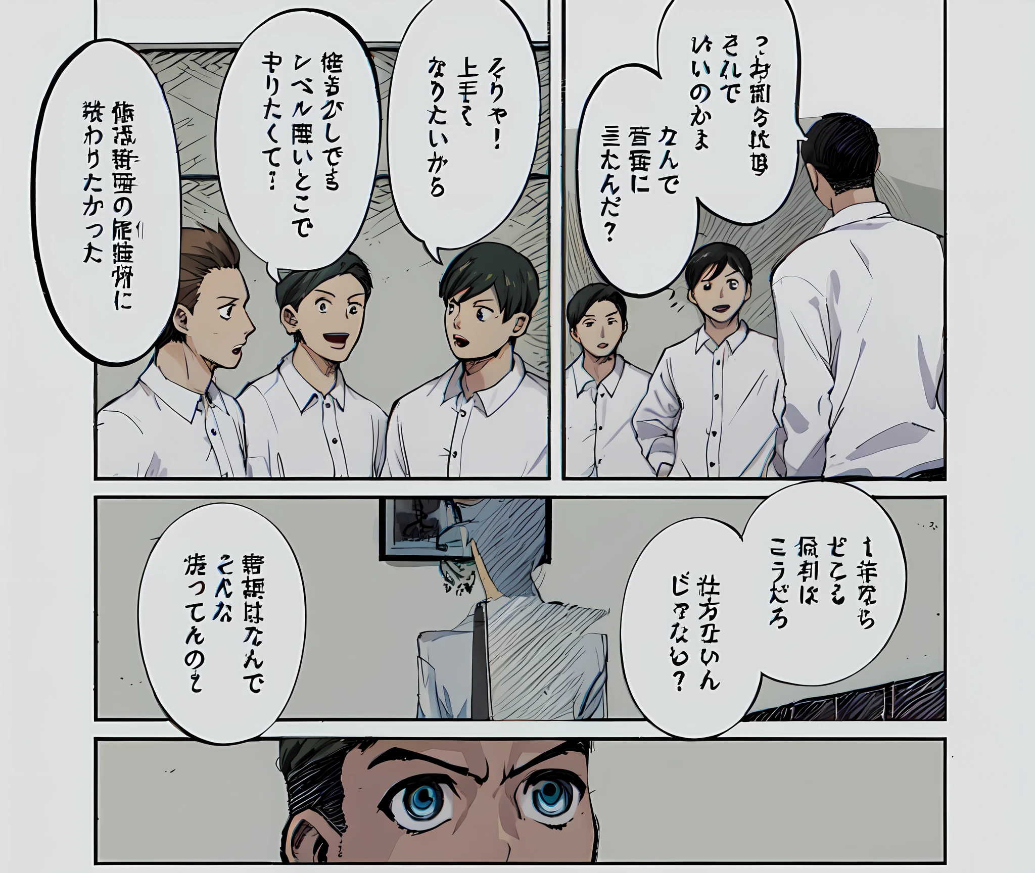 a anime of a boys manga, talking, white shirt, text manga, color manga, manga color, color manga, color manga panel, simple background