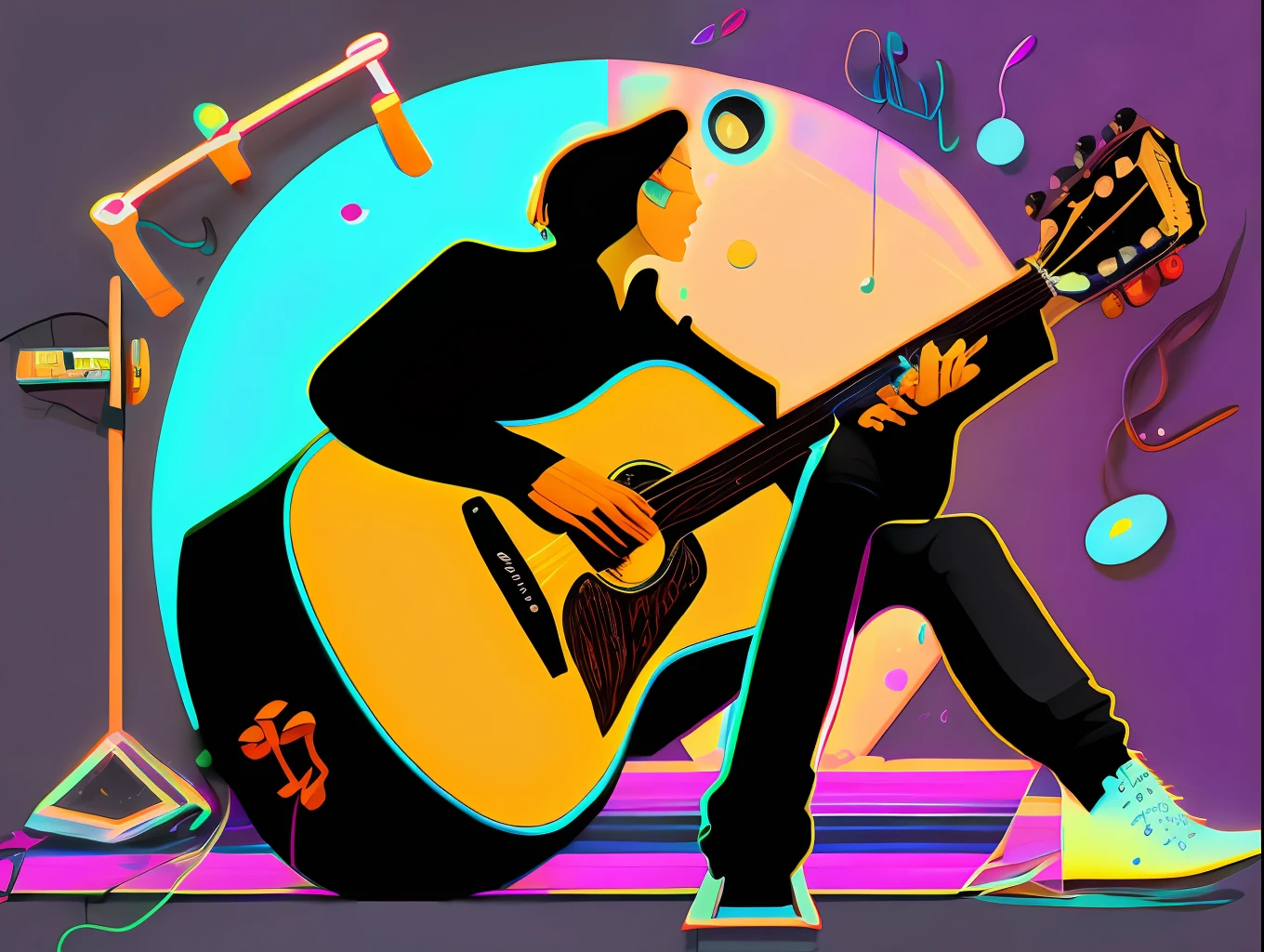 a music illustration, notas musicais, acoustic guitar, guitarra, cores neon por Kilian Eng