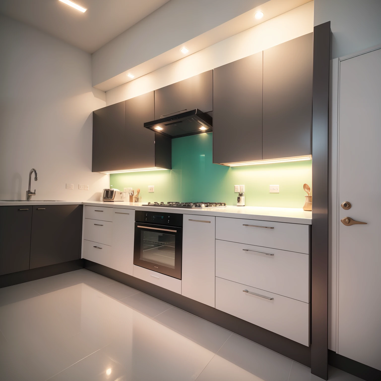 Cozinha, design criativo, custom-designed furniture in MDF in the color Urban Pearl. Ultra qualidade, melhor qualidade, 4k, creative and functional kitchen cabinet, minimalismo, estilo luxo, Marmore bench, ilustre com led, Uplighting, moderno.