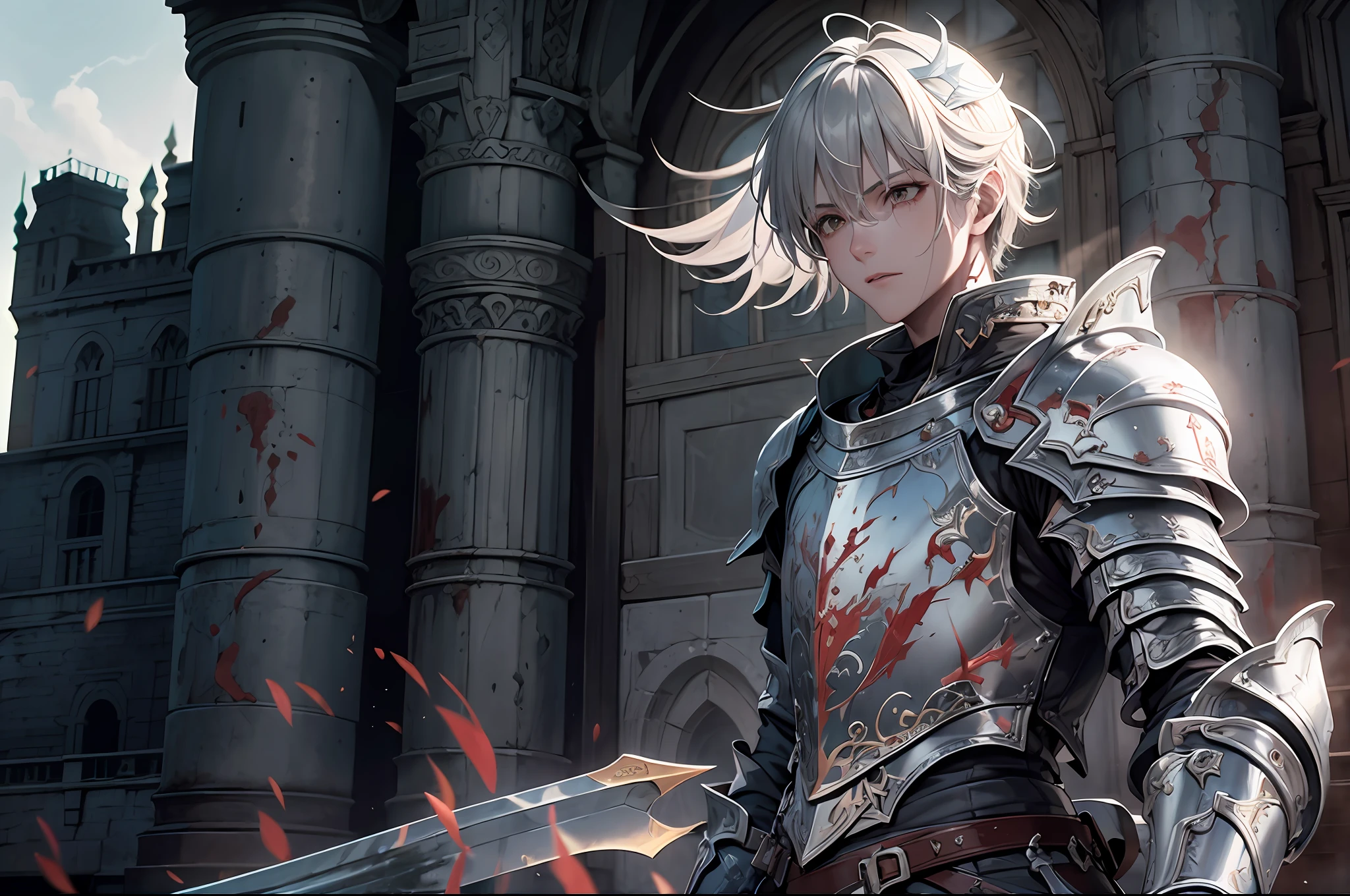 a ager male knight in cracked sliver armor, he raise a sword stained with blood, a giant gate of castle behind him, light from the sky, lots of swords point at the knight, with determined look, silver hair, black hair, gradient hair, chiaroscuro, cinematic lighting, god rays, ray tracing, reflection light, panorama, masterpiece, best quality, high quality, high details, highest, accurate, anatomically correct, textured skin, UHD, 1080P