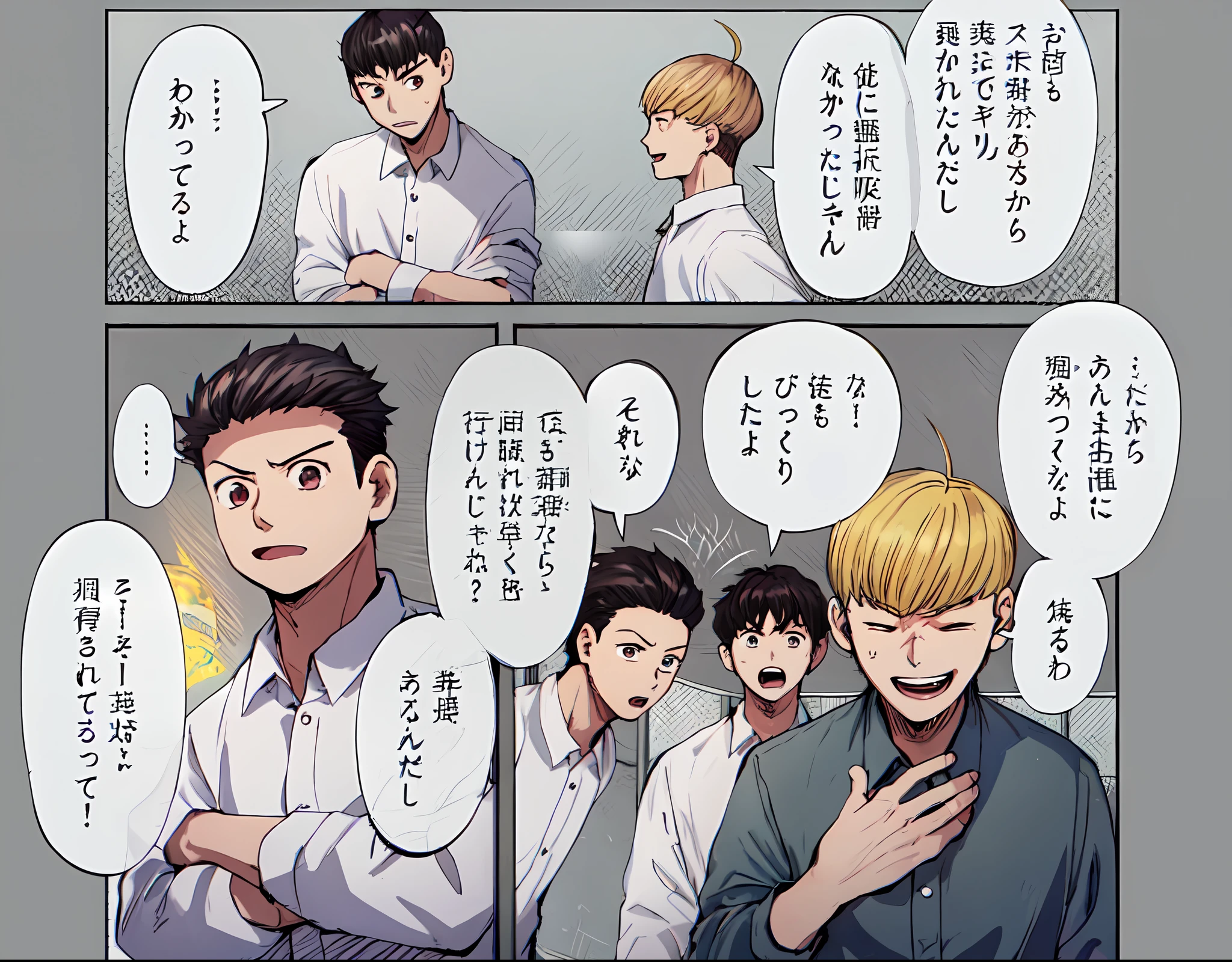 a anime of a boys manga, talking, laughing, shocked, silence, white shirt, text manga, color manga, manga color, color manga, color manga panel, simple background
