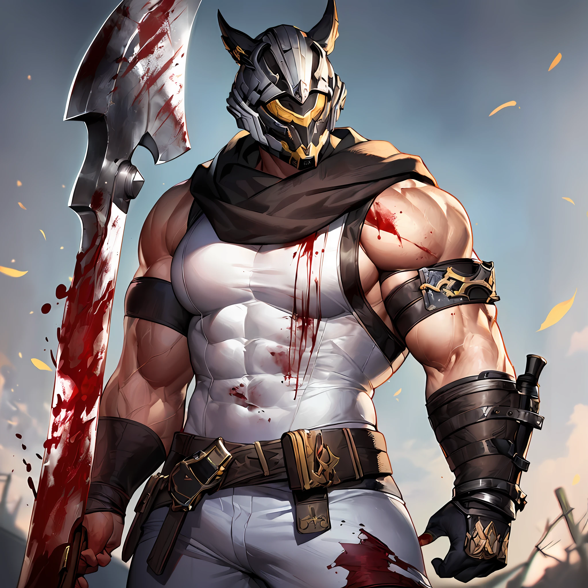 A photo of a Chinese military general standing on the battlefield,A robust man,Huge body,Muscular man,Shirtless,White bloomer(long trousers:1.2),(A blood-stained bandage wrapped around the arm:1.2),(There are black bands at the thighs:1.3),Immortal warriors,(Warframe with gold edges(Knee protectors:1.3)),This character is reminiscent of Dianwei in the Three Kingdoms,Wide chest,Eight-pack abs,Vest line,(//The figure of the tiger back and the waist of the bear//),white headscarf,(Hold the giant axe in both hands:1.4),A warrior who bravely kills the enemy,UHD, retina, anatomically correct, textured skin, super detail, best quality, highres,Cinematic rendering,master pieces