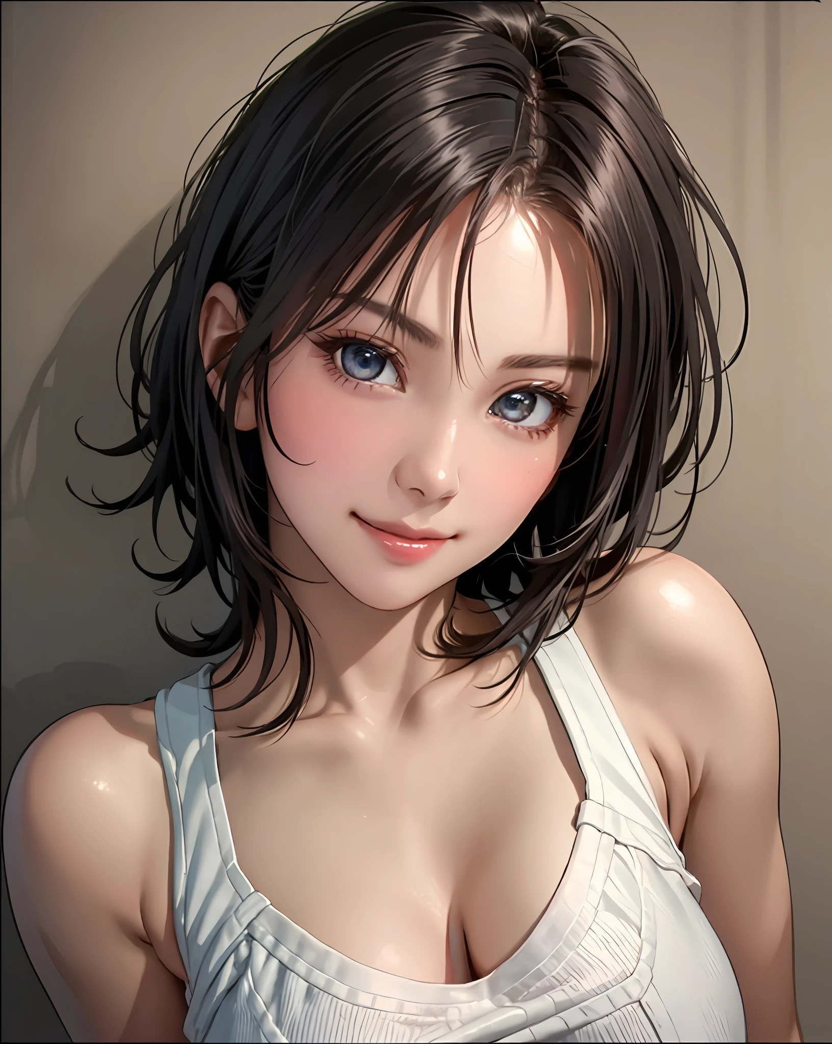 Best Quality, Ultra High Resolution, (Photorealistic: 1.4), Beautiful Eyes, Super Beautiful, Very Short Hair, Beautiful, Sweetheart, T-shirt with Rough Chest, Beautiful Soldier, Eyes That Invite Viewer, Lover's Perspective, Inviting Expression, Sexy Smile, Perfect Style, Perfect Balance, Detailed Skin, Naughty Gaze, Chest Visible