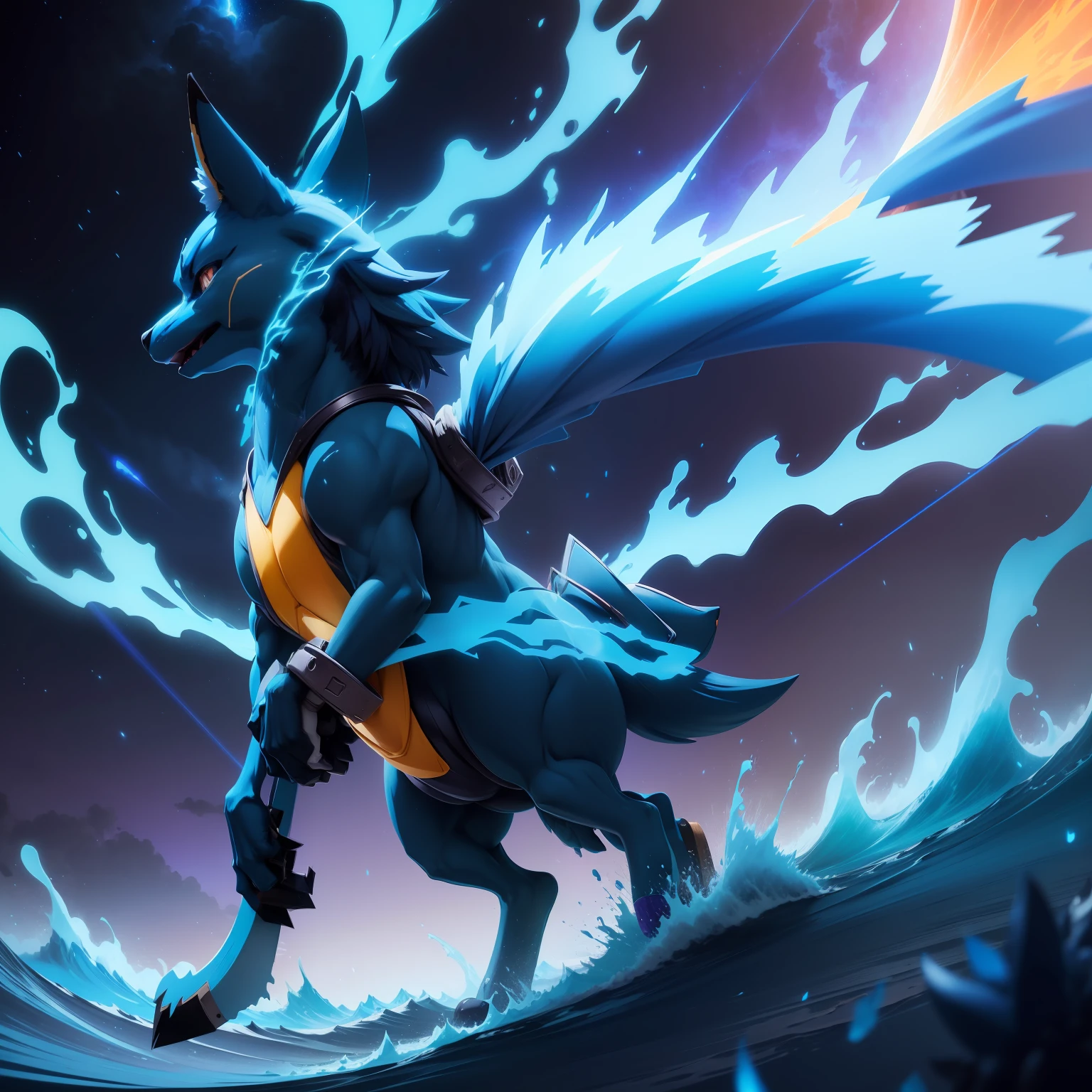Lucario is standing on a hill。Around it unleashed a huge wave of blue energy.、Surrounded by lush greenery。The sky is a mixture of orange and purple tones.、The energy waves are bright blue.、Electric sparks are flying around。(animesque:1.2)、(Dramatic Writing:1.1)、(vivid hues:1.3)、(cellshading:1.1)、(Da