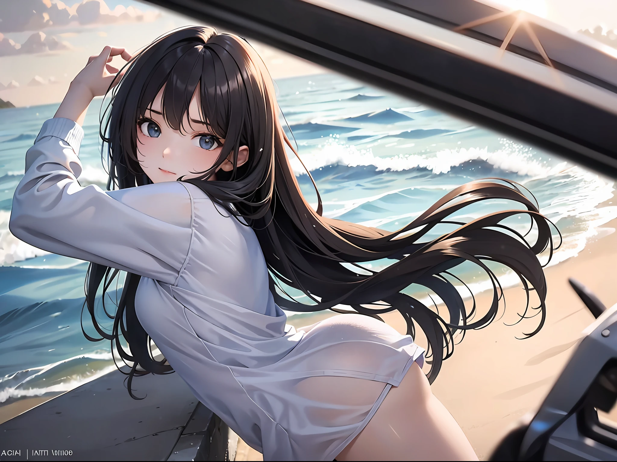 (a ager female), lie on the beach wears miniskirt, wears white slop, in the afternoon, her hair blowing in the wind, gradient hair, black hair, brown hair, long hair, depth of field, cinematic lighting, ray tracing, reflection light, backlighting, close-up, masterpiece, best quality, high quality, accurate, anatomically correct, textured skin, UHD, 1080P