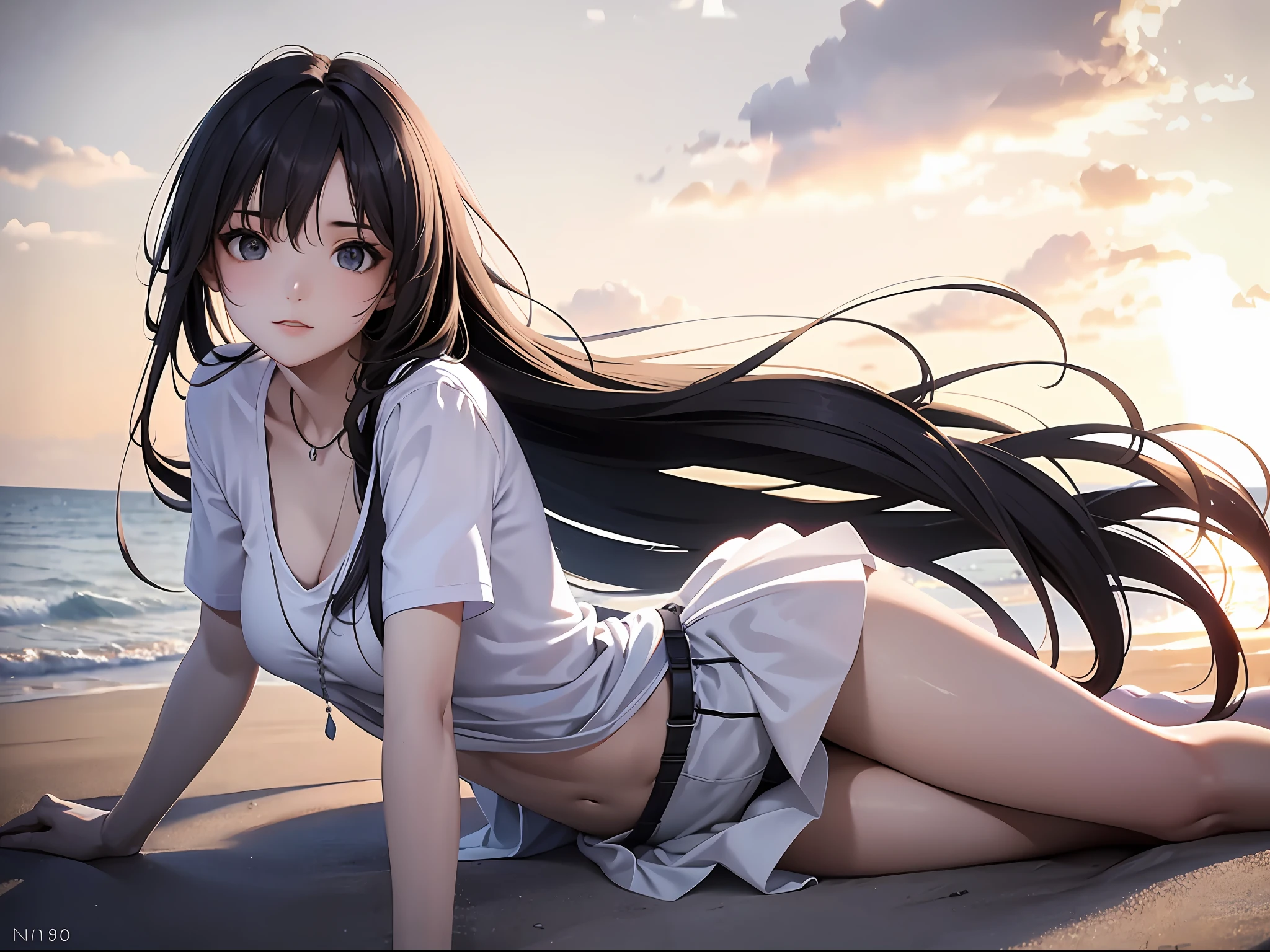 (a ager female), lie on the beach wears miniskirt, wears white slop, in the afternoon, her hair blowing in the wind, gradient hair, black hair, brown hair, long hair, depth of field, cinematic lighting, ray tracing, reflection light, backlighting, close-up, masterpiece, best quality, high quality, accurate, anatomically correct, textured skin, UHD, 1080P