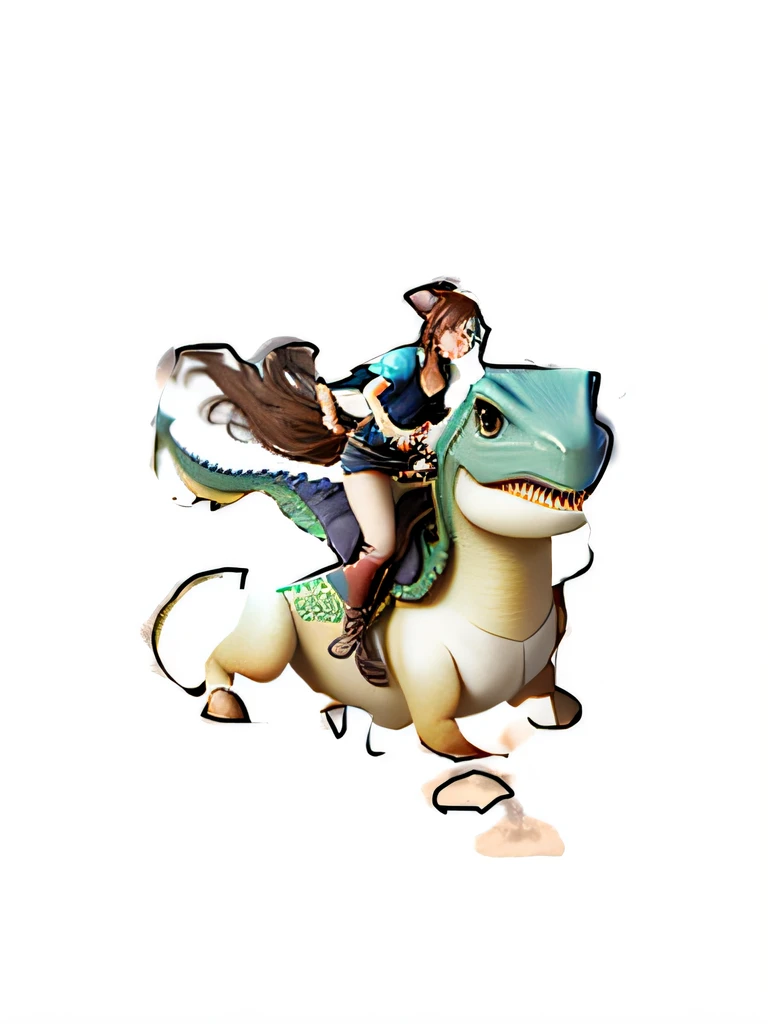 She's a girl，Ride on a cute dinosaur，His hair was flying