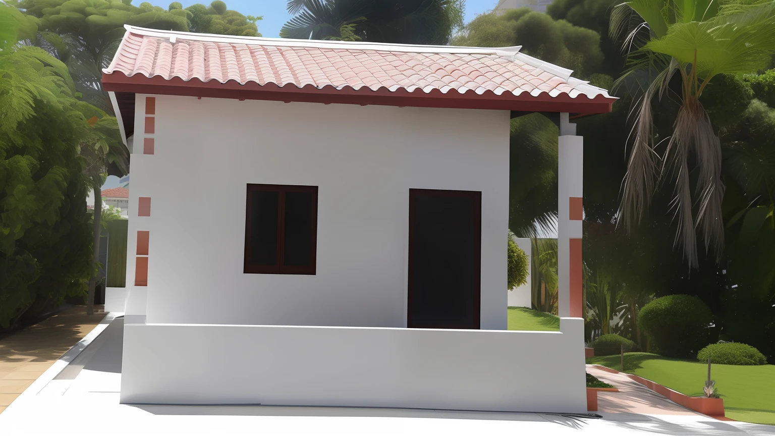 There is a small white building with a red roof and a red tile roof, Lumion Pro rendering, Directed by: CeFerí Olivé, Frente, Vista frontal, vista frontal, casa completa, visto de fora, imagem frontal, vista lateral frontal, vista externa, imagem central, Front view, Vista lateral superior frontal, Frente cheia, vista exterior, Vista frontal e lateral, Vista frontal, visto de lado,