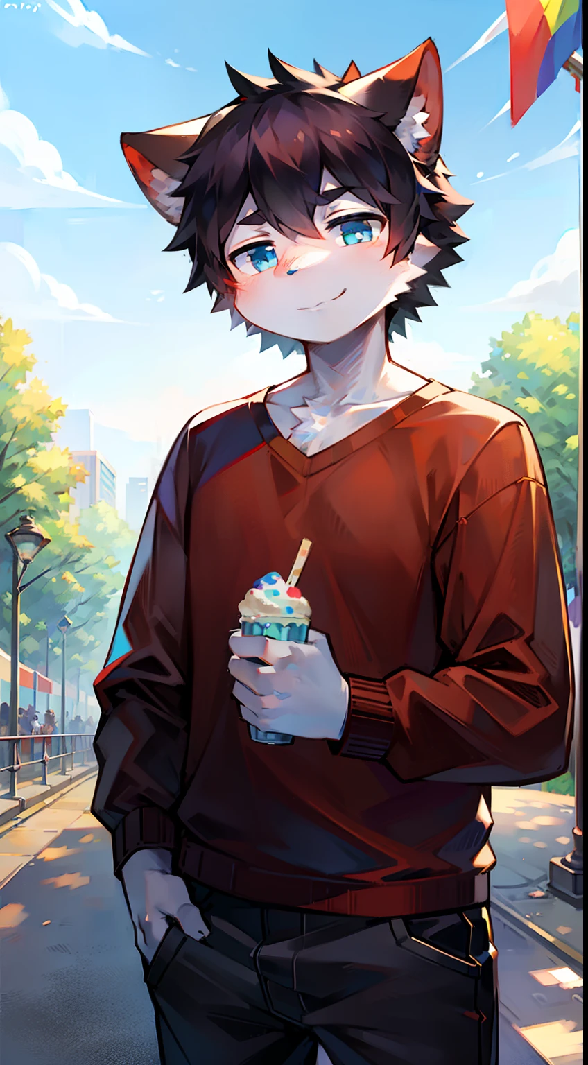 solo, kemono, male, black hair, white body, blue eyes, wear red shirt with pride flag, wear black pants, look at camera, smile, right hand grabbing ice cream, standing in park, green park background, noon time