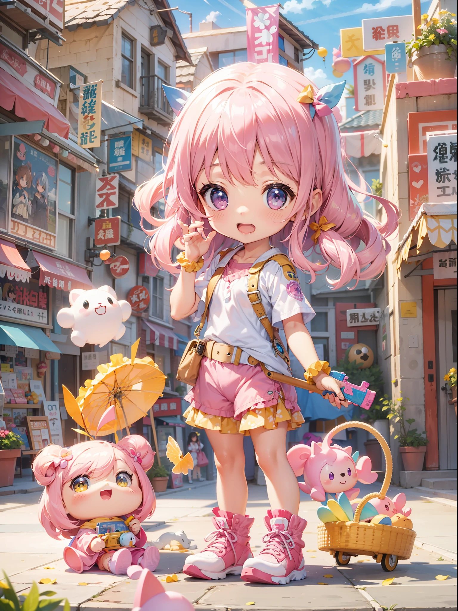 Top image quality　Original Characters、City Girl、summer clothing、Toy water pistol in hand、Cute city in the style of a game、Pink entrance cloud with complex shape