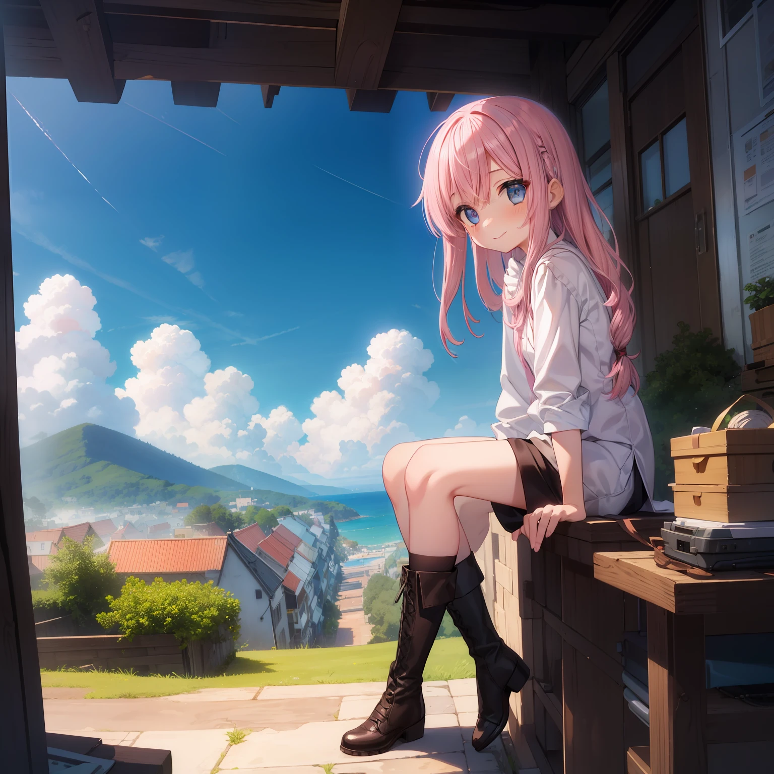 Beautiful illustration, Best Quality, Full body view、(12-year-old girl)、cute petit girl,Lori、 (Superb view), fantasylandscape,(Chino shorts layered in a tunic)、Tunic is white、Chino shorts are pink、Thighs visible through the gap in shorts、Brown Lace-Up Short Boots、 Beautiful blue eyes, Cinematic lighting,Cute smile,(Long pink hair)、Braiding of the occipital part、Occipital１Two black big ribbons