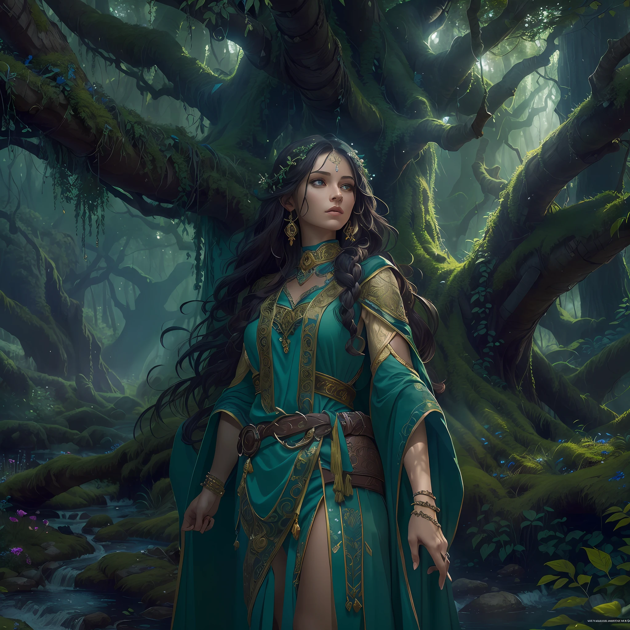 high details, best quality, 8k, [ultra detailed], masterpiece, best quality, (extremely detailed), dynamic angle, ultra wide shot, photorealistic, fantasy art, dnd art, rpg art, realistic art, an ultra wide picture of druid grove in a fantasy forest and its druid observing all, a fantasy forest (intricate details, Masterpiece, best quality: 1.5), many trees, a stream of water (intricate details, Masterpiece, best quality: 1.5), waterfall (intricate details, Masterpiece, best quality: 1.5), human female druid, full body (intricate details, Masterpiece, best quality: 1.5), exquisite beautiful woman druid (intricate details, Masterpiece, best quality: 1.5), ultra detailed face (intricate details, Masterpiece, best quality: 1.6), black hair, long hair, wavy hair (intricate details, Masterpiece, best quality: 1.5), dynamic eyes color, fair skin, wearing blue cloak (intense details, Masterpiece, best quality: 1.5), green robe (intricate details, Masterpiece, best quality: 1.5), cinematic light, pastoral atmosphere, divine light (intricate details, Masterpiece, best quality: 1.5), gods rays,