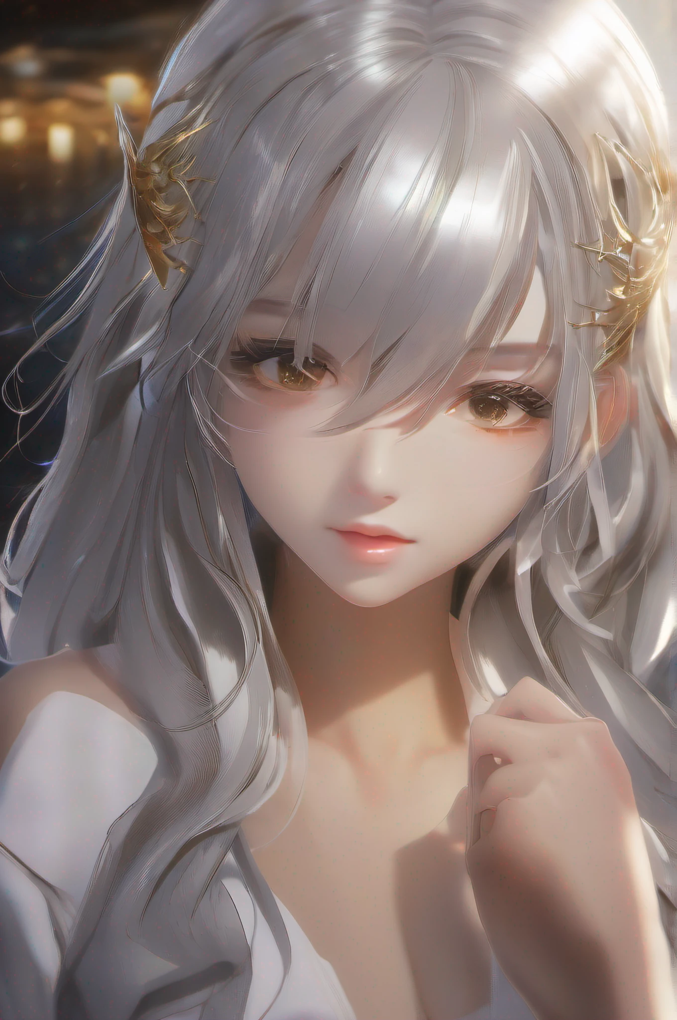 Silvery hair, Golden eyes, anime, anime style, glowing light, anime style, god rays, ray tracing, reflection light, anime style, UHD, masterpiece, 1080P, super detail, textured skin
