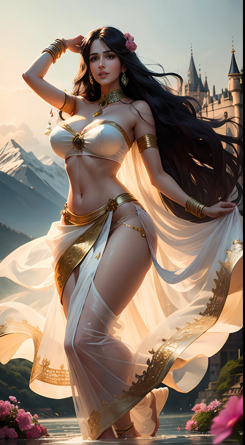 Katrina Kaif as an Apsara, floating in mid air, beside a castle, large breasts, wide hips, flowers in hand, dark brown long hair, beautiful, wearing a white silk strapless bra and a transparent full sarees, wearing heavy gold ornaments, big smile, full body, mountains in background, full light on face, photorealistic, High resolution