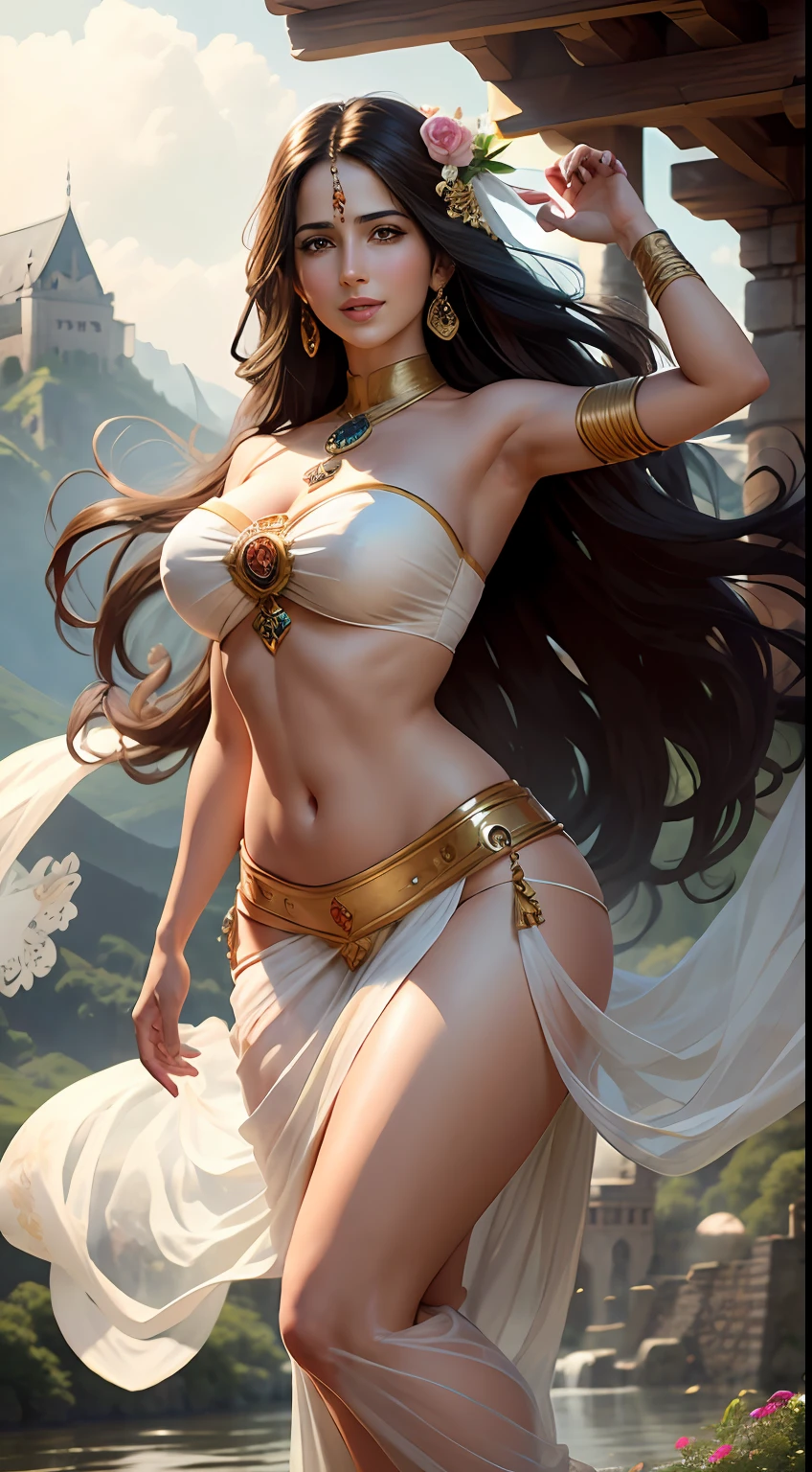 Katrina Kaif as an Apsara, floating in mid air, beside a castle, large breasts, wide hips, flowers in hand, dark brown long hair, beautiful, wearing a white silk strapless bra and a transparent full sarees, wearing heavy gold ornaments, big smile, full body, mountains in background, full light on face, photorealistic, High resolution