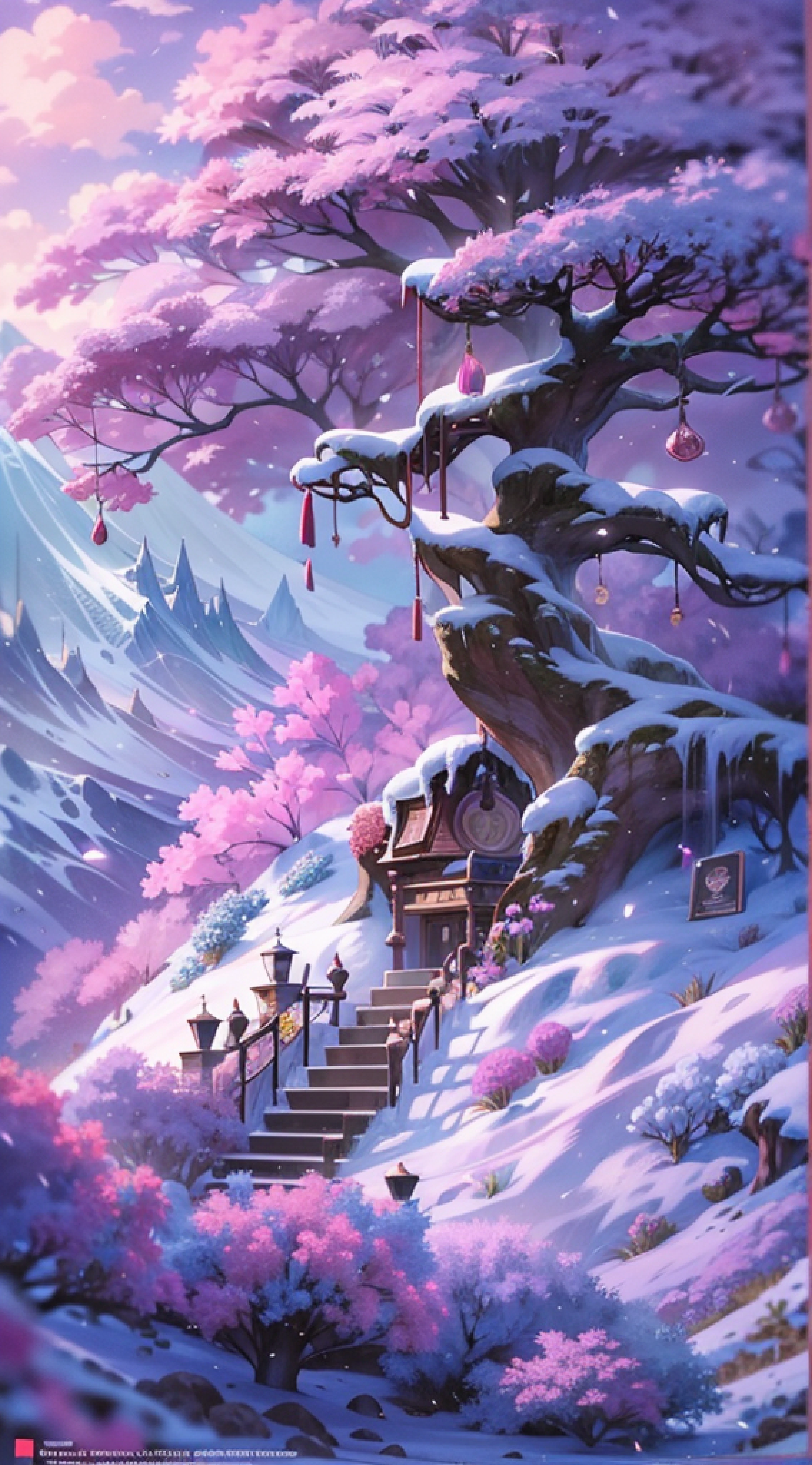Ilustracion de fantasia, fondo de anime, paramo nevado con bosque de fondo, arboles blancos, rosas color lila floreciendo de la nieve (mejor calidad, obra maestra de la ilustracion, ganador de concurso pixiv, fondo hermoso de fantasia) luz de dia magica, nubes mastodonte color lila