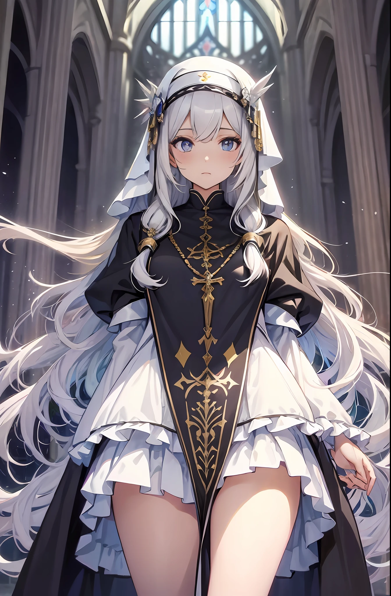 best qualityer,tmasterpiece,Ultimate resolution,downy,Extremely colorful,Colorful,saintess,silver-white long hair,curlies,a matural female,Crop topping,Nun dress,The kinky is exposed,cathedrals,Sanctuary,Normal posture