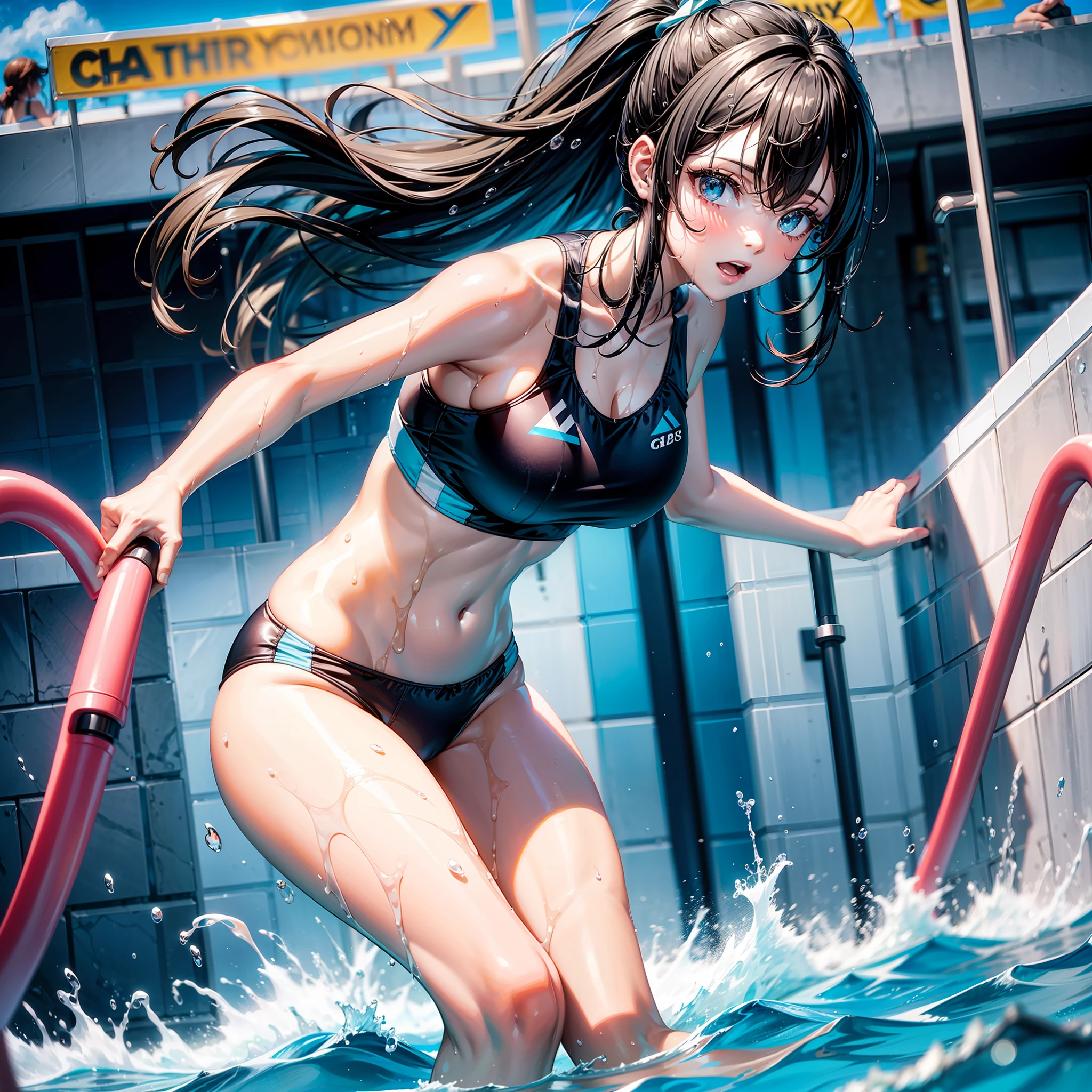 1girll,cabelos preto e longos,Competitive swimwear,Get wet,In the pool