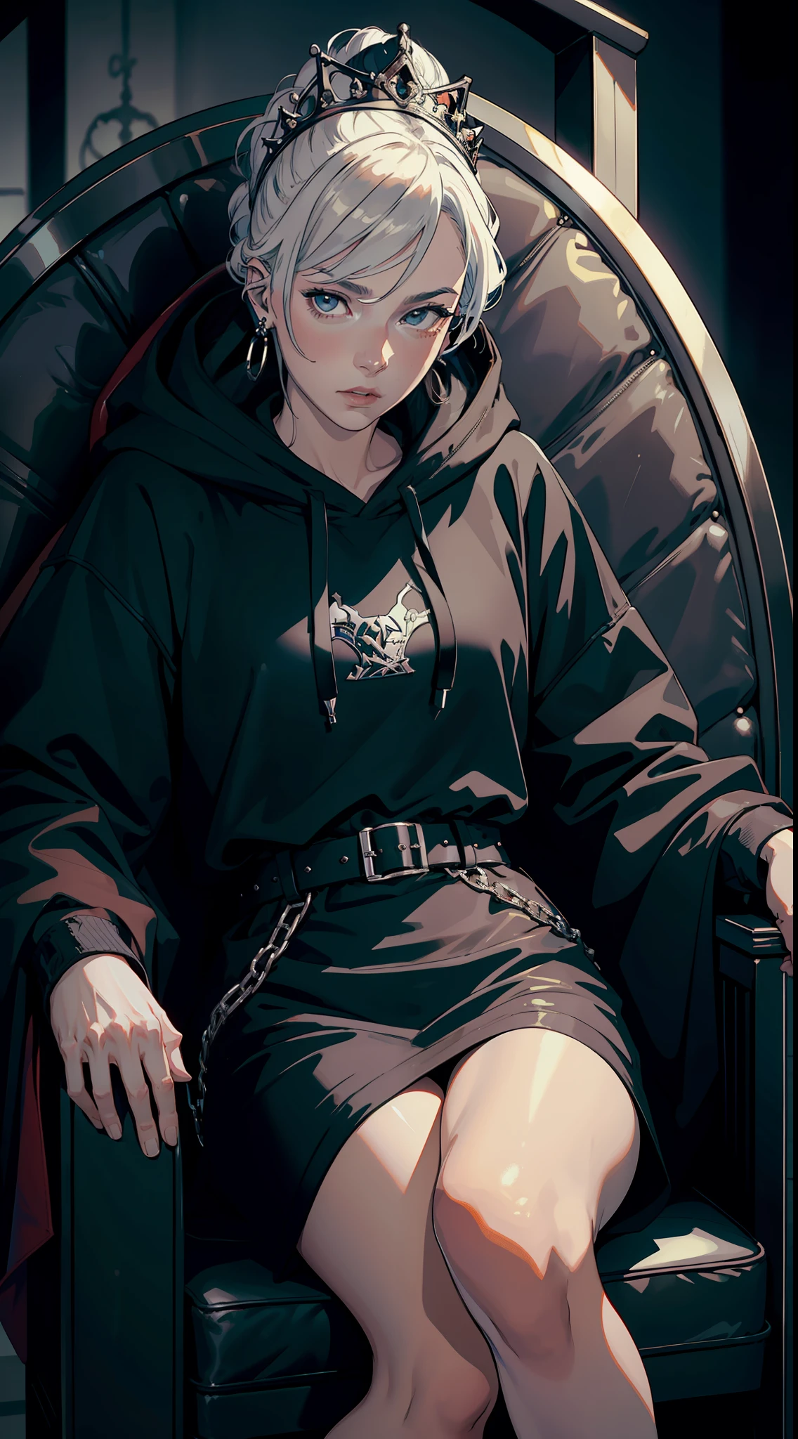 The Queen is wearing a black Balenciaga hoodie sitting on a throne, outfit models, balenciaga, thrones, nijijourney, 8k, realistic