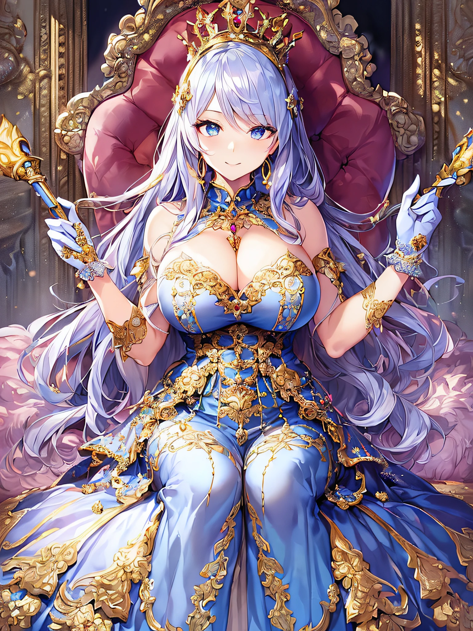 ((anime artstyle)),(Masterpiece),(Best Quality), (Super Detail),((Very Delicate and Beautiful)),(((Solo))),((full body)),(((milf))),(((1 queen in beautiful embroidery and jeweled gorgeous rococo ball gown dress with voluminous full length hoop skirt))),sitting on the throne,(bling-bling),Long train,(((sitting on the gorgeous throne in the throne room,holding a scepter in one hand))),(bling-bling gorgeous gemstone jewelry),detailed face and eyes,jewel-like eyes,seductive smile,((large amount of straight hair,extremely voluminous Very Long Hair,Very Long Straight Hair)),(((gigantic tits,Long tits))),cleavage,(gorgeousfull embroidery and lace),gorgeous corsage,See-through,extremely gorgeousfull hair ornament,(bling-bling extremely gorgeousfull jeweled tiara),ornate ruffles,(hoop skirt,crinoline),((Dynamic Angle)),Looking at viewer,((full body)),((beautiful embroidery and jeweled extremely gorgeous rococo ball gown dress with voluminous full length hoop skirt))