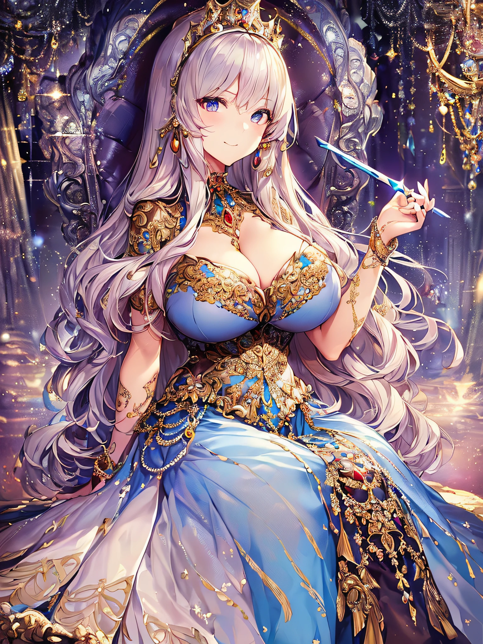 ((anime artstyle)),(Masterpiece),(Best Quality), (Super Detail),((Very Delicate and Beautiful)),(((Solo))),((full body)),(((milf))),(((1 queen in beautiful embroidery and jeweled gorgeous rococo ball gown dress with voluminous full length hoop skirt))),sitting on the throne,(bling-bling),Long train,(((sitting on the gorgeous throne in the throne room,holding a scepter in one hand))),(bling-bling gorgeous gemstone jewelry),detailed face and eyes,jewel-like eyes,seductive smile,((large amount of straight hair,extremely voluminous Very Long Hair,Very Long Straight Hair)),(((gigantic tits,Long tits))),cleavage,(gorgeousfull embroidery and lace),gorgeous corsage,See-through,extremely gorgeousfull hair ornament,(bling-bling extremely gorgeousfull jeweled tiara),ornate ruffles,(hoop skirt,crinoline),((Dynamic Angle)),Looking at viewer,((full body)),((beautiful embroidery and jeweled extremely gorgeous rococo ball gown dress with voluminous full length hoop skirt))