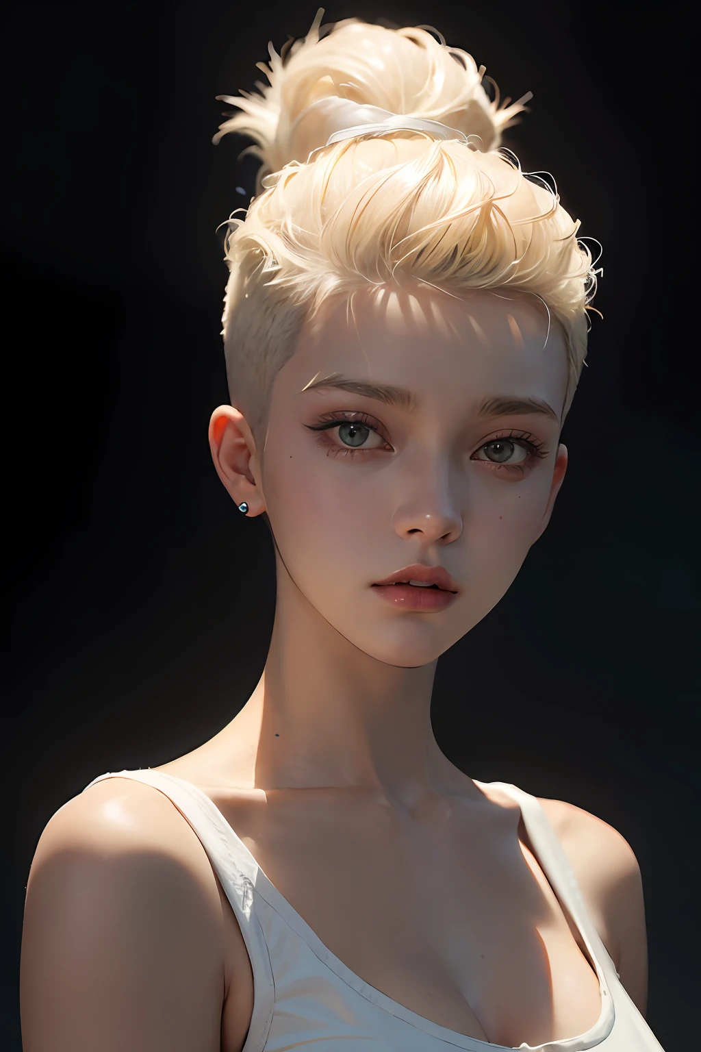 a 20 yo woman, blonde, (hi-top fade:1.3), dark theme, soothing tones, muted colors, high contrast, (natural skin texture, hyperrealism, soft light, sharp)