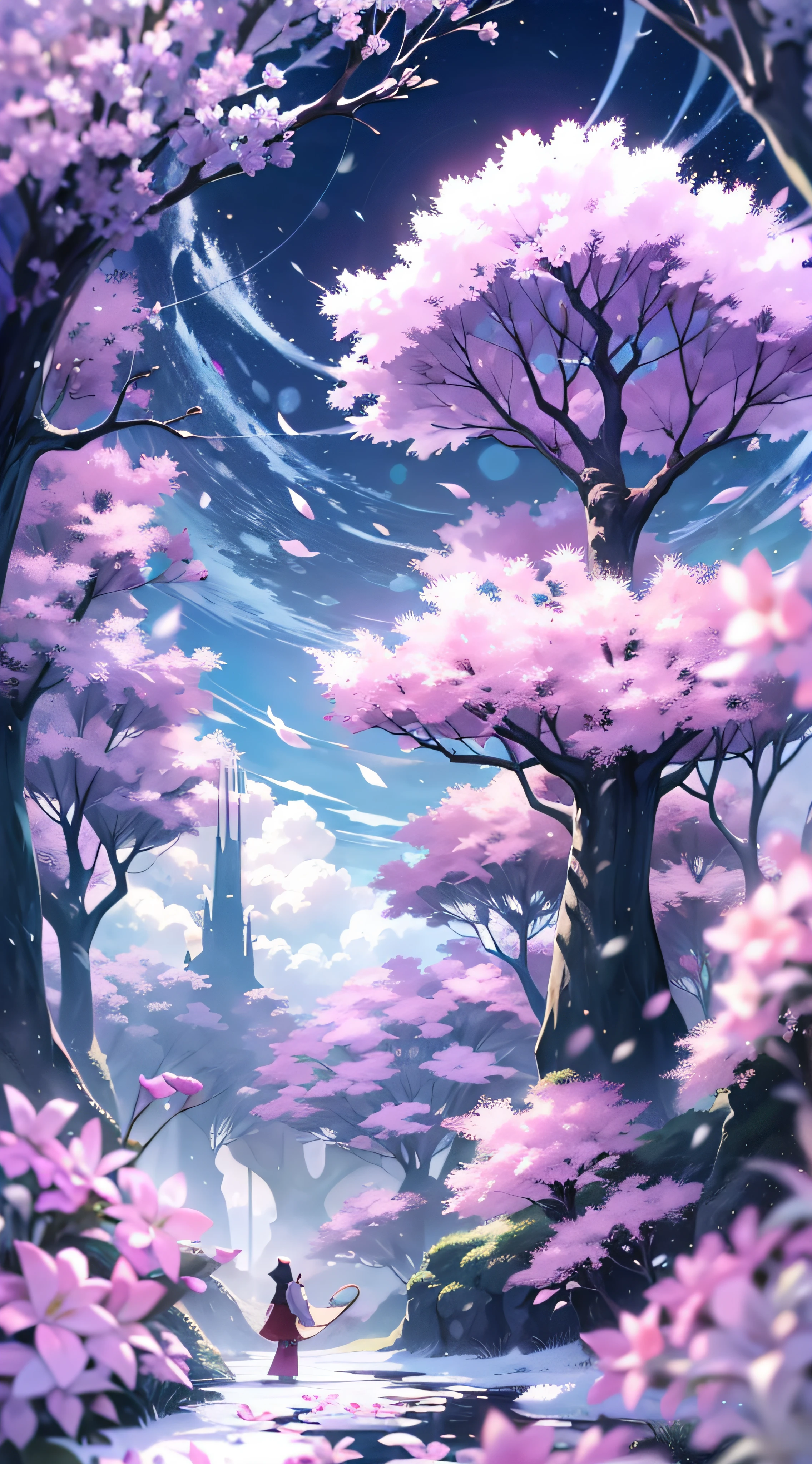 Ilustracion de fantasia, fondo de anime, paramo nevado con bosque de fondo, arboles blancos, rosas color lila floreciendo de la nieve (mejor calidad, obra maestra de la ilustracion, ganador de concurso pixiv, fondo hermoso de fantasia) luz de dia magica, nubes mastodonte color lila