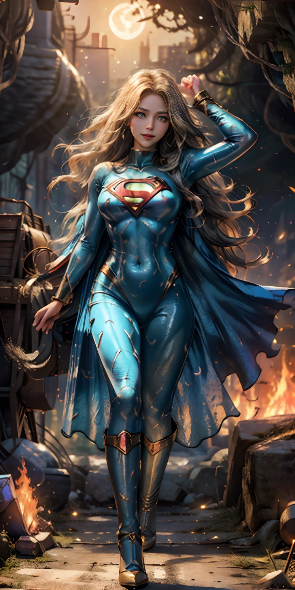 female (no ethnicity with long curly hair, brightly detailed face, perfect eyes, detailed eyes, sultry smile, ((light eyes))), dressed as Supergirl in a burning city. The moonlight highlights his muscles and scars in bright lights. The scenery is lush and mysterious, with the city and surroundings destroyed. charming look, (best quality, 8k, masterpiece: 1.3), (full body), real, (muscle: 1.5), high-resolution face, beautiful ,no ethnicity, (Kpop idol), (in a cave), ground, transparent ,transparent,glowing skin,shiny hair,(scenery slime:1.4),(fire:1.3),(torn:1.3),(sfw ),(slime: 1.4),(bright moonlight: 1.3), perfect eyes,I Am Fire