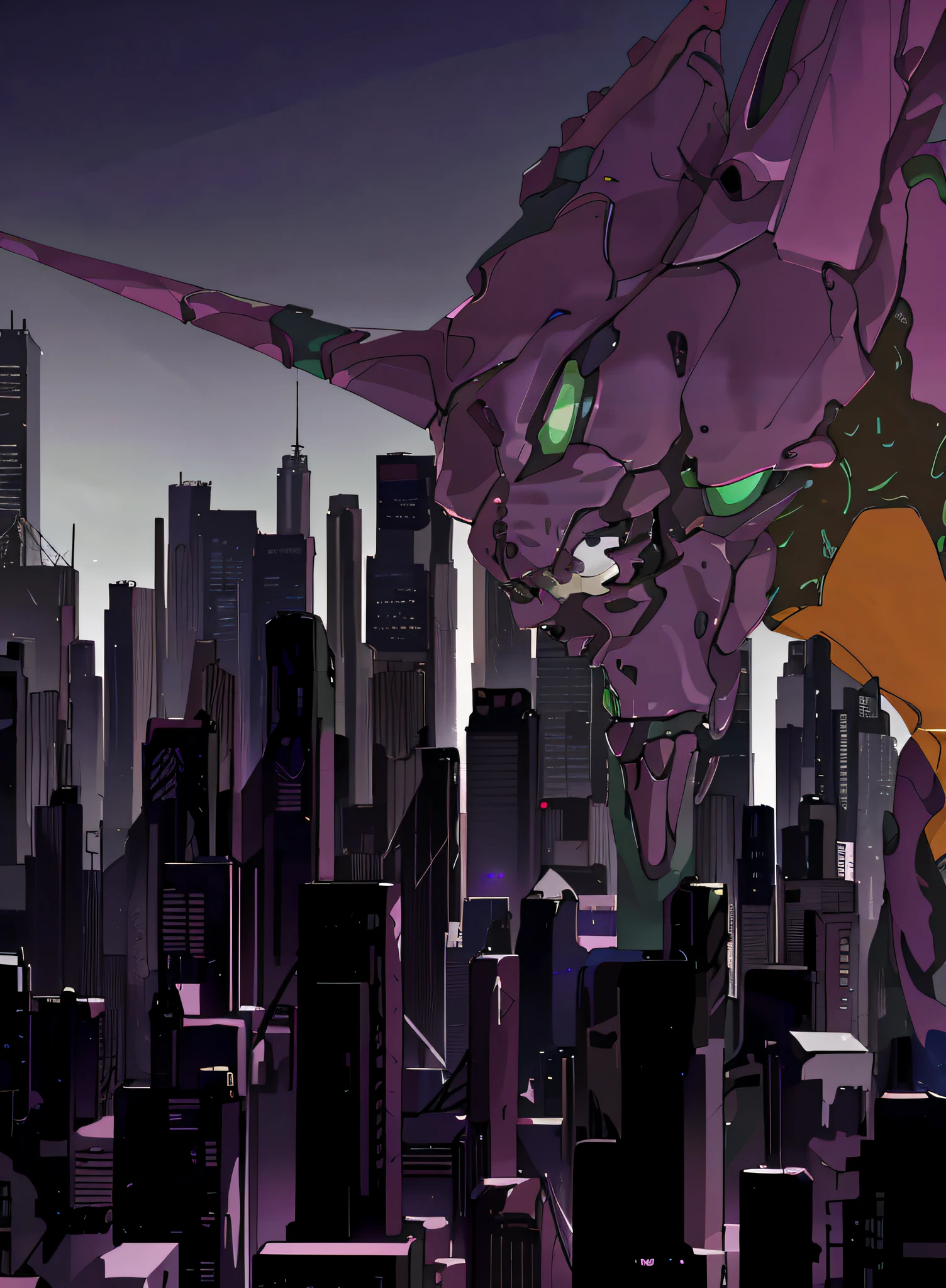 A purple dragon with green eyes stands in front of the city skyline, evangelion third impact inspired, movie still of robot evangelion, evangelion beast mode, eva unit-00 in the back, Neon Genesis Evangelion style, rebuild of evangelion 1 0 8 0 p, from evangelion, in neo tokyo, end of evangelion, new tokyo