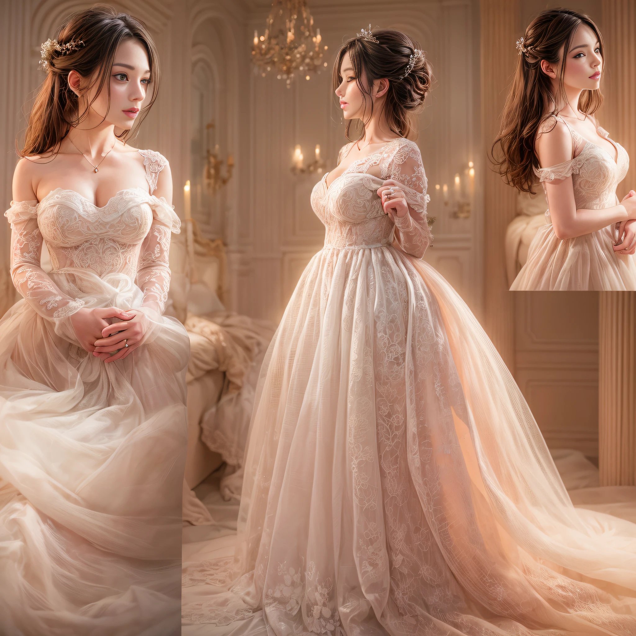 best qualtiy, tmasterpiece, A high resolution, Girl 25 years old,Wedding dress,Open-chest Tyndall effect,realisticlying,Pink room edge lighting,twotonelighting,(highdetailskin:1.2),8K high-definition,gentle illumination,high high quality,The upper part of the body, Plump breasts,