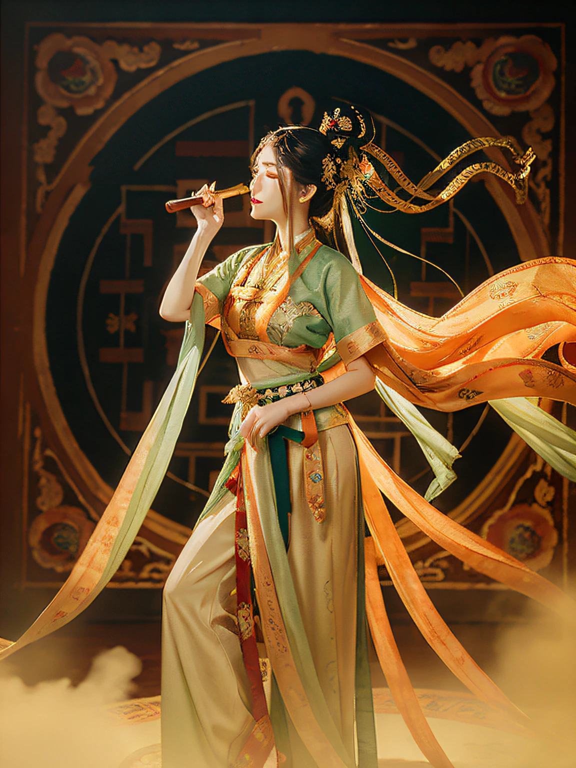 masterpiece, traditional chinese ink painting, 1 girl, long hair, look at viewer, tease, Spirit, loong, dunhuang_style, dunhuang_cloths, UHD Dragon horn, A dragon is flying, 4k, best quality, super detail, award winning, high quality, best quality, high details