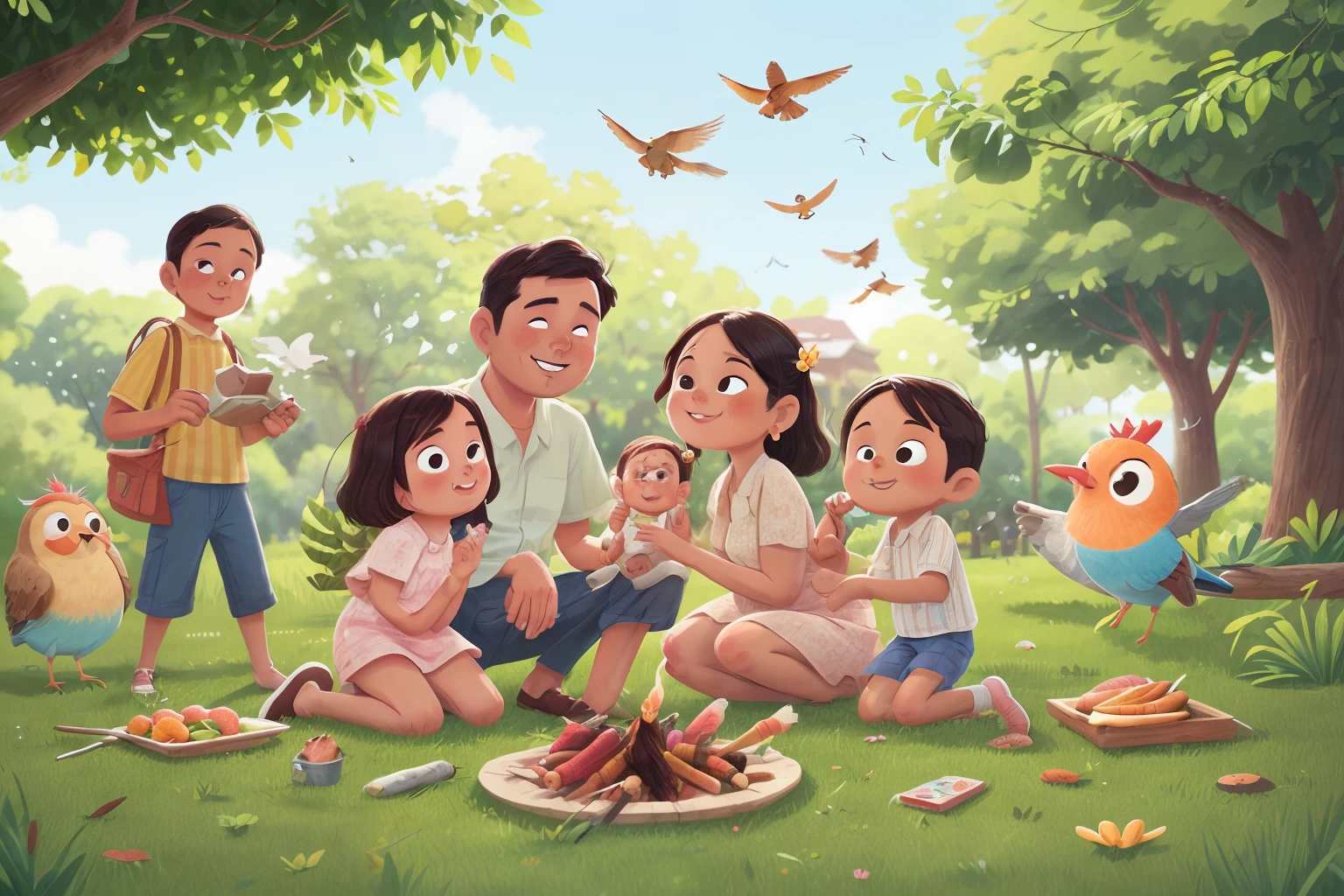 closeup, A family portrait, mami, pai, a park with a background of trees and blue sky and birds flying and in the right corner a barbecue with smoke