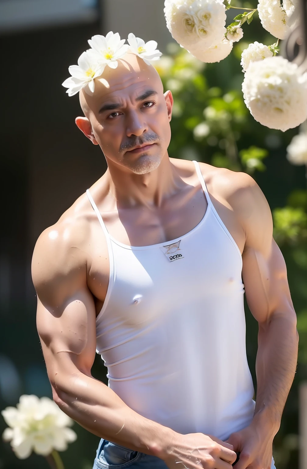 (Very handsome hairless uncle:1.3)、(Glossy headskin:1.3)、Hairy pubis、Hairy legs、strong mustache、Good looking middle aged bald bodybuilder in white tank top and jeans、Cool statue、(White flower mess on background:1.3)、Spectacular realistic photos、Back lighting:1.3、More on rich skin:1.3、