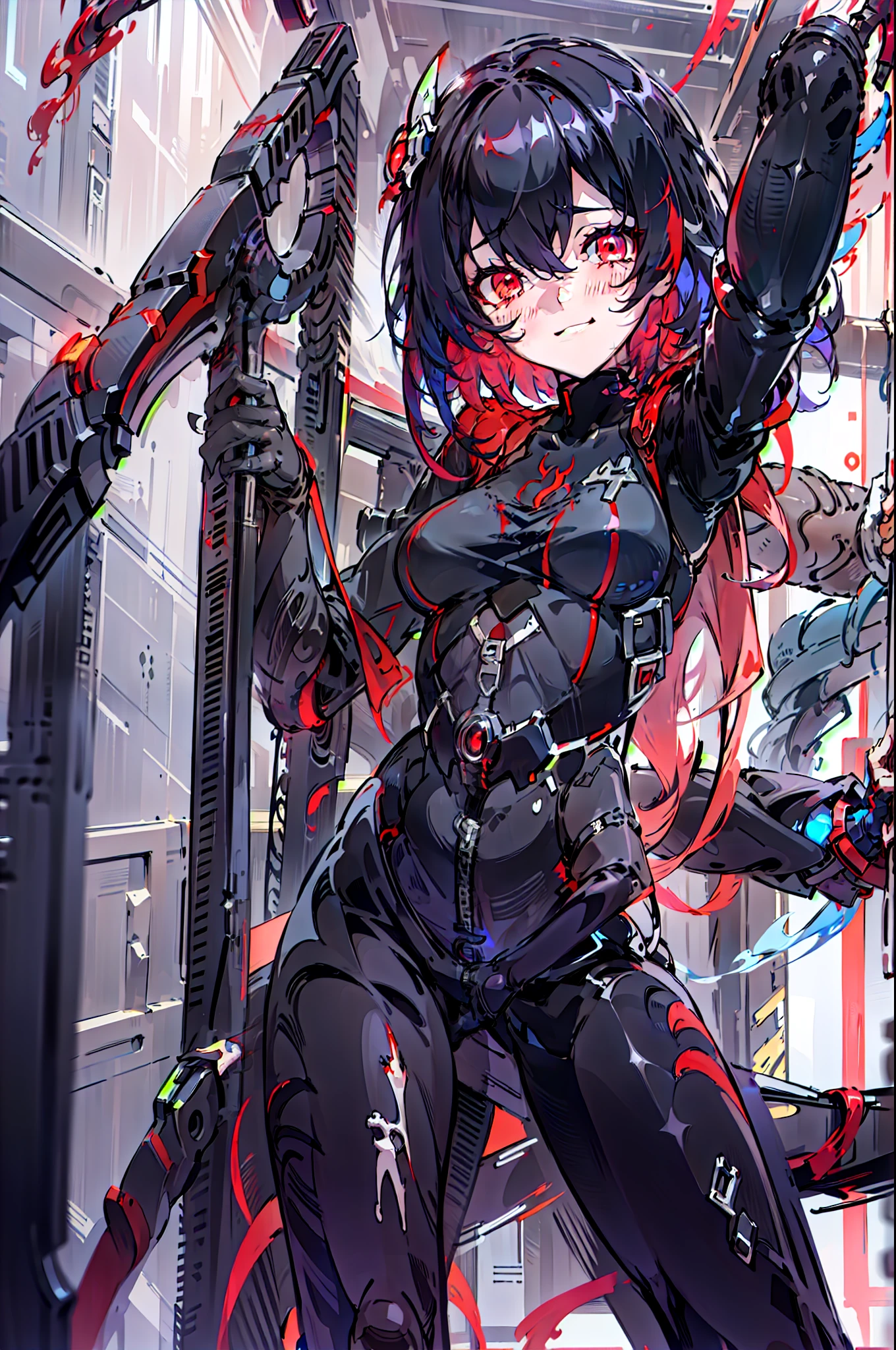 1girll， 独奏， standing on your feet， hair adornments， Red eyes， ， blood stain， mechanicalparts， electrical wires， electric cables， Failure effect， terroral， sci-fy， A futuristic， background inside dark， neonlight， cyber punk perssonage， hyper realisitc， eerie， unnerving， spine-chilling， terroral， onesie，Red eyes，Venom possession，Blackened，long black gloves，Jumpsuits，Skinny one-piece latex clothing，Highlight her gorgeous figure,Wrap the whole body，symbiote，（（Raised sexy）），onesie，Red eyes，Venom possession，Blackened，long black gloves，Jumpsuits，Black latex clothing，Blood-red eyes，Best quality, high resolution, Ultra-detailed, Vivid texture, Mask, Skinny one-piece latex clothing, bangs,Purple hair，Wear socks，Tears，anklet，washes，Blackened，Wrapped in black slime,A sad expression,Say goodbye to the gaze，Red coat,long eyelasher, solid circle eyes, Light smile, Ear blush, Red eyes, Tears, Empty eyes, Dark blue hair, hair between eye, Short hair,, Mad eyes, bandage on, bandage over one eye, Crazy smile, Sad smile, Evil smile, crazy, jitome, shaded, Yandere, chin grab, disdain, Evil, Crazy smile, Colored inner hair, Blue hair, Dark blue hair, surrealism, shadowing, anaglyph, stereograms, tachi-e, angle of view, Atmospheric perspective, Chiaroscuro, Cinematic lighting, 8K, Super detail, ccurate, Best quality, hyper HD, retinas, Masterpiece, Textured skin, Award-Awarded, A high resolution, Best quality, Super detail, best qualtiy， 8K， digitial painting,Red coat,bleed,,There are wounds all over the body,The legs were covered with bandages,The legs were covered with bandages,The whole body is covered with bandages,Anime girl in red cape