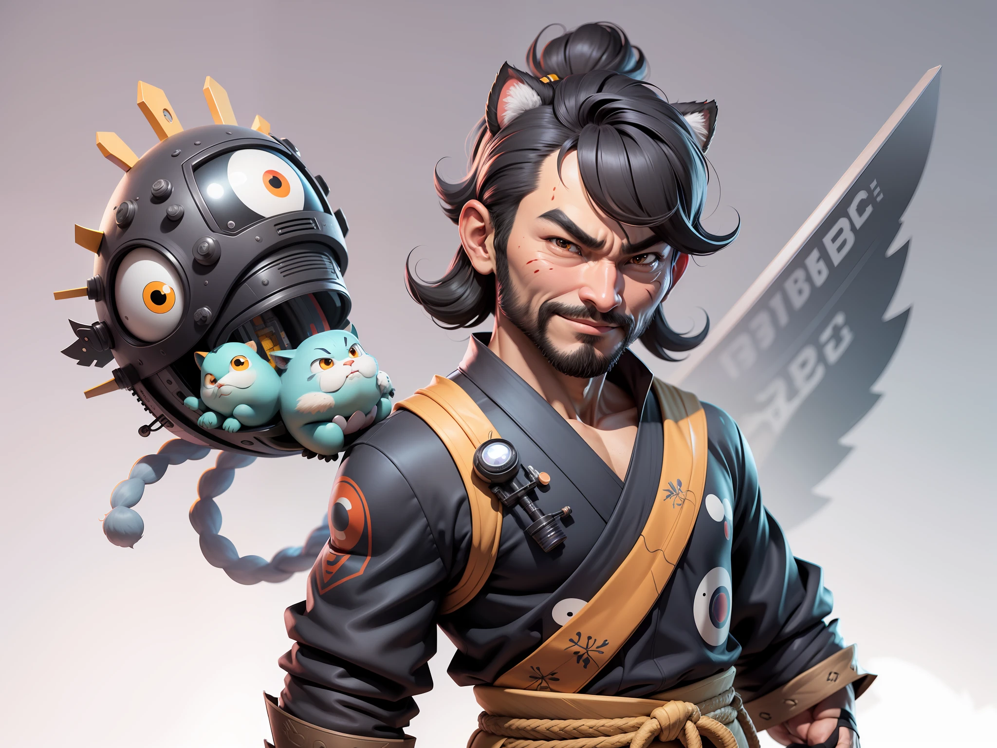 (Daisaku),(Need),(Super meticulous),(full bodyesbian:1.2),Super young man with Japanese geisha，Beautiful，orient，one tiger，Aeolian Thor，Raised sexy，爆乳，Oriental face，TV Anchor，Bust portrait illustration，In black suit，a blue tie，The face is slightly chubby，The face was clean，without a beard，Black super short hair，Black eyes，Smile confidently，3C computer sub-products，iPad， iphone，Digital painting，3D character design by Mark Clairen and Pixar and Hayao Miyazaki and Akira Toriyama，The illustration is a high-definition illustration in 4K resolution，With very detailed facial features and cartoon-style visuals。