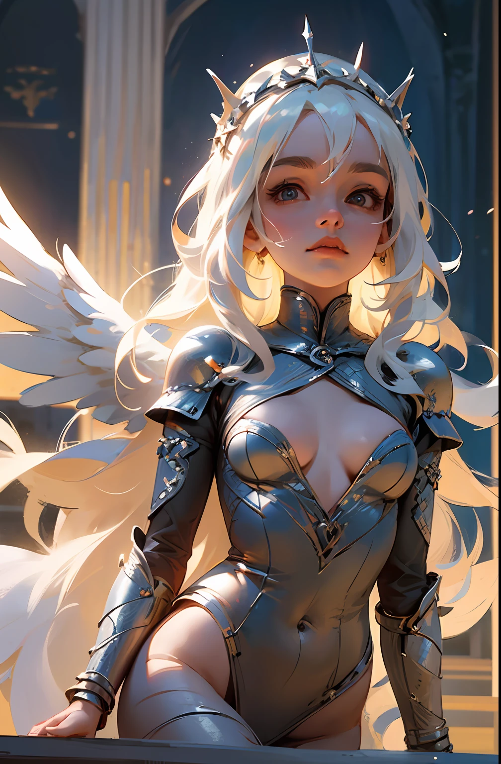 Game of Thrones heroine,Daenerys Targaryen,(tmasterpiece:1.4),(best qualtiy:1.4),(tchibi:1.3),(Very cute angel girl,Super detailed face,gem-like eyes,Extra-long white hair,Hair with colorful gradients:1.4),(angel ring:1.4), (angel wing: 1.4), (full bodyesbian, Perfect 2 arms, Perfect 2 legs: 1.4), Perfect 4 fingers: 1 thumb, Light light, The sheen, Bokeh, super-fine