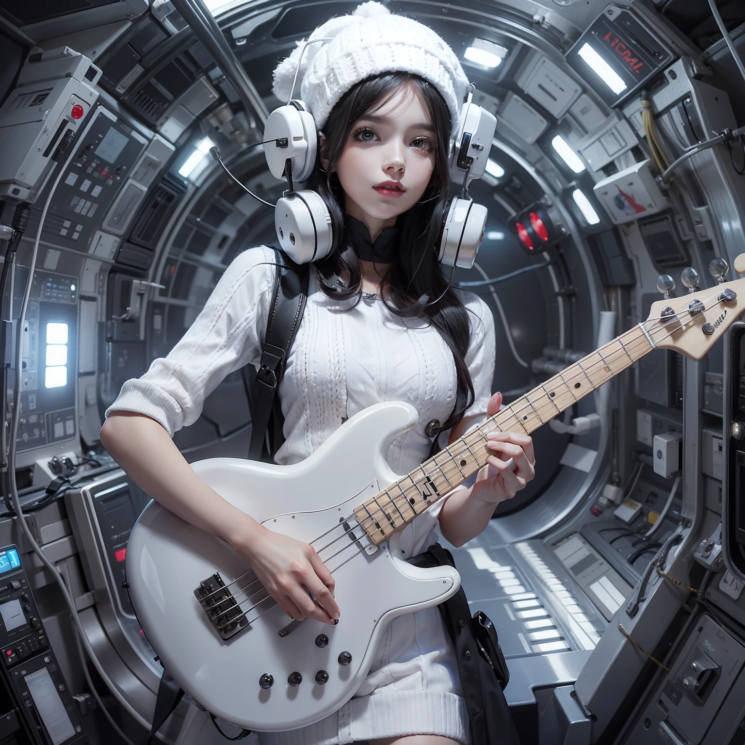 Enchanted woman happy to raise her hand Perfect beauty Beautiful white skin beautidful eyes Look at viewers Lustrous lips Lovely smile Dark hair Knitted hats Have an electric bass guitar is standing A futuristic lollipop costume designed in white and black Functional head phone Inside the spacecraft