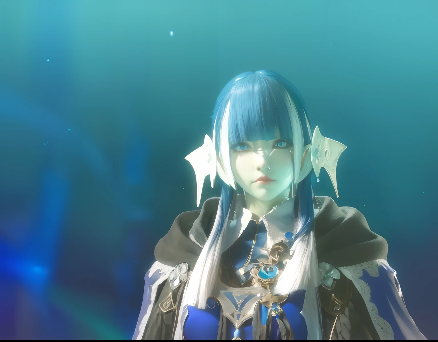 anime girl with dark blue hair in a blue dress, blue elf, fus rei, final fantasy 14 style, & her expression is solemn, roguish smirk, sad cerulean eyes, blue-skinned elf, serene expression, ffxiv, azure. detailed hair, female mage!, regal and menacing visage, portrait of a female mage