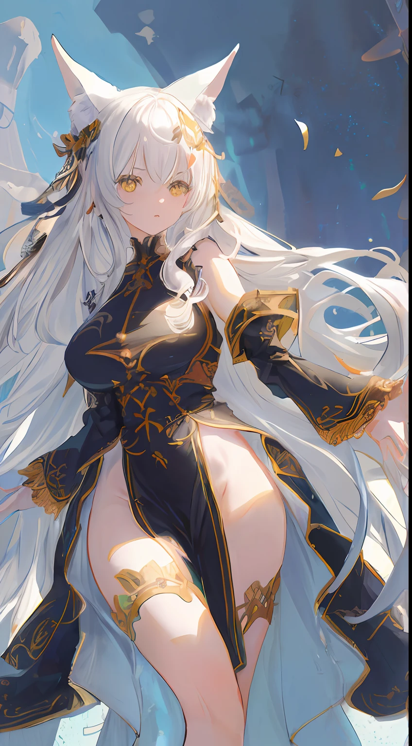high quality, hyper detail, masterpiece, best quality, detailed face, detailed background, high resolution illustration, parfect body, looking at viewer, 1girl, long hair, straight hair, white hair, yellow eyes, simple background , blue sky background, (white hair), black dress, simple dress, lively images, big breasts, tight thighs,fox ear