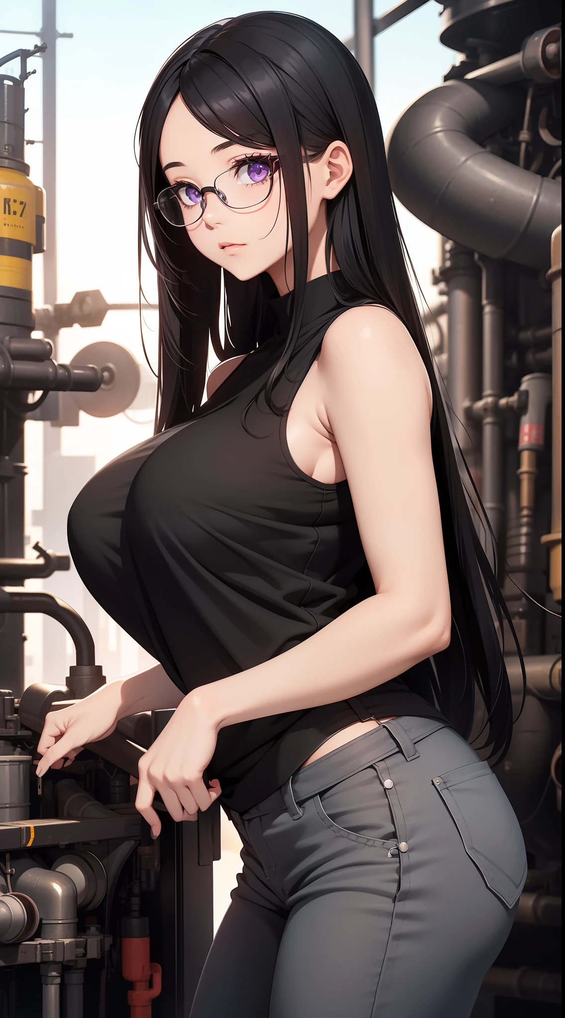 young girl, Long black hair, violet eyes, eyeglasses, Black sleeveless shirt, Huge-, pants, fuel oil, An overly curious person, Masterpiece, hiquality