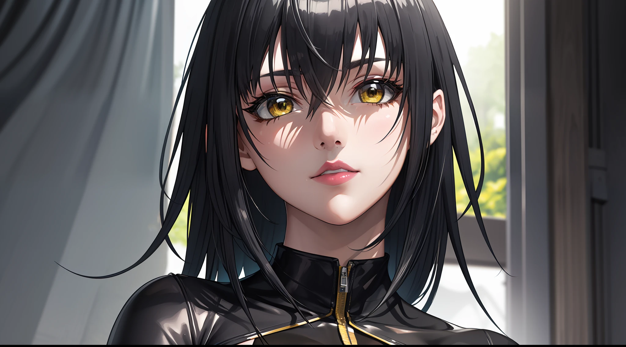 professional artwork, Intricate Details, field of view, sharp focus, detailed painting, photorealistic lighting, trending on pixiv, Standing at attention, black outfit ,yellow collared shirt,black and red bodysuit,skin_tight,black legwear, black pantyhose, Side_boob, black hair,very long hair, Bangs,yellow eyes,makeup, lipstick, 20yo,mature female,Beautiful Finger,Beautiful long legs,Beautiful body,Beautiful Nose,Beautiful character design, perfect eyes, perfect face, looking at viewer,official art,extremely detailed CG unreal engine 8k wallpaper, perfect lighting,Colorful, Bright_Front_face_Lighting, (masterpiece:1.0),(best_quality:1.0), ultra high res,4K,ultra-detailed, photography, 8K, HDR, highres, absurdres:1.2, Kodak portra 400, film grain, blurry background, (Beautiful,large_Breasts:1.4), (beautiful_face:1.5),(narrow_waist), (solo:1.4), ((landscape dimension)), rich detailed makeup, rich detailed eyeshadow, rich detailed lips, rich detailed lipstick, beautiful detail eyes