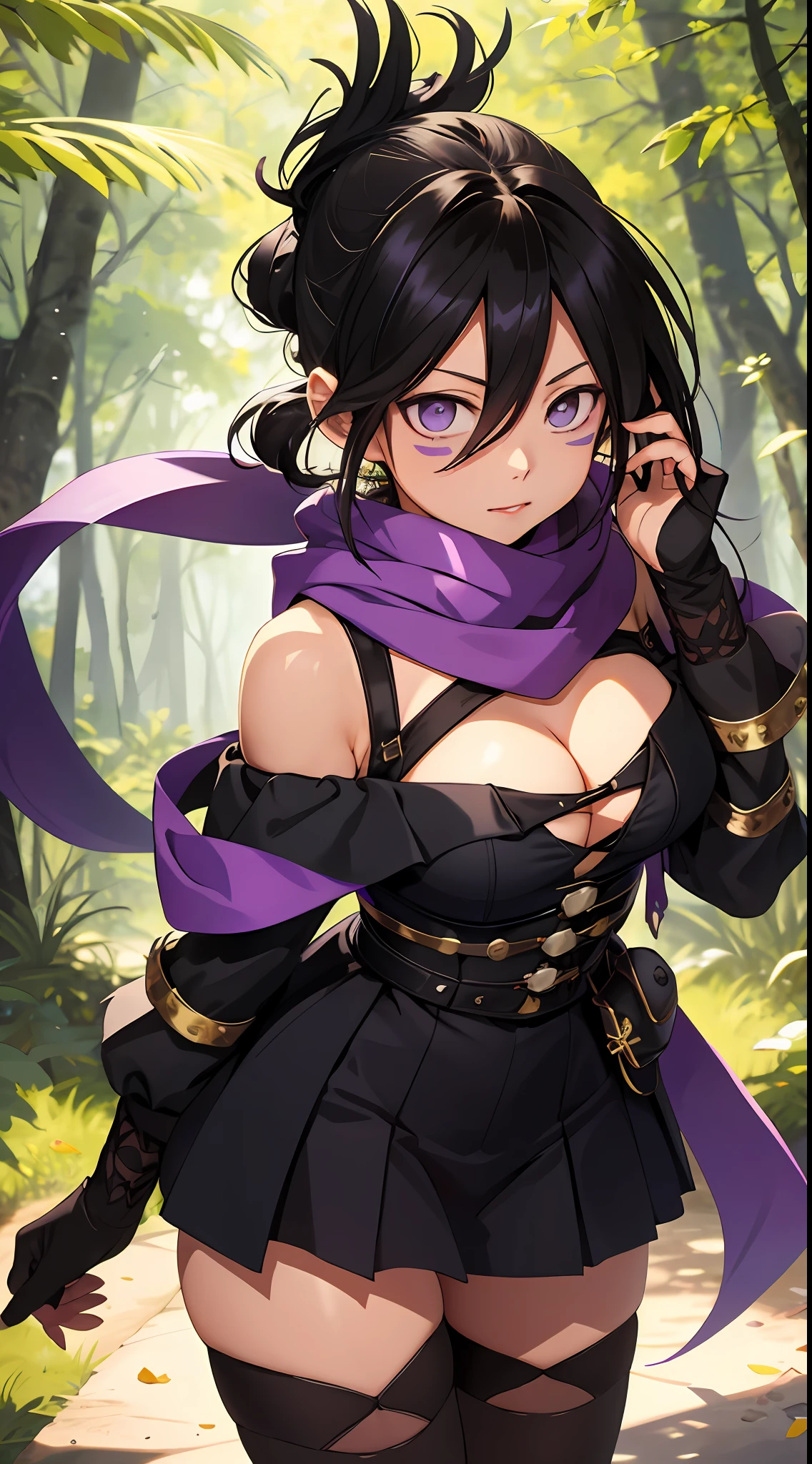 （tmasterpiece，best qualtiy：1.2），cowboy lens，独奏，focal，1girll，Off-the-shoulder attire，cleavage，Keep one's mouth shut，folded ponytail，Black tights，Purple scarf，ln the forest