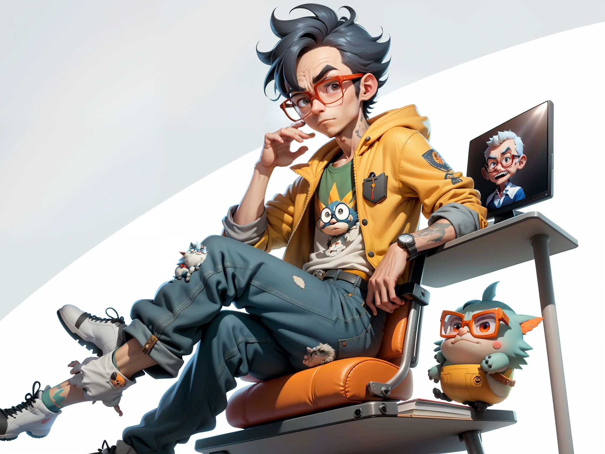 A young man with glasses sits at his desk，holding laptop，digitial painting，3D character design by Mark Clairen and Pixar and Hayao Miyazaki and Akira Toriyama，4K HD illustration，Very detailed facial features and cartoon-style visuals。