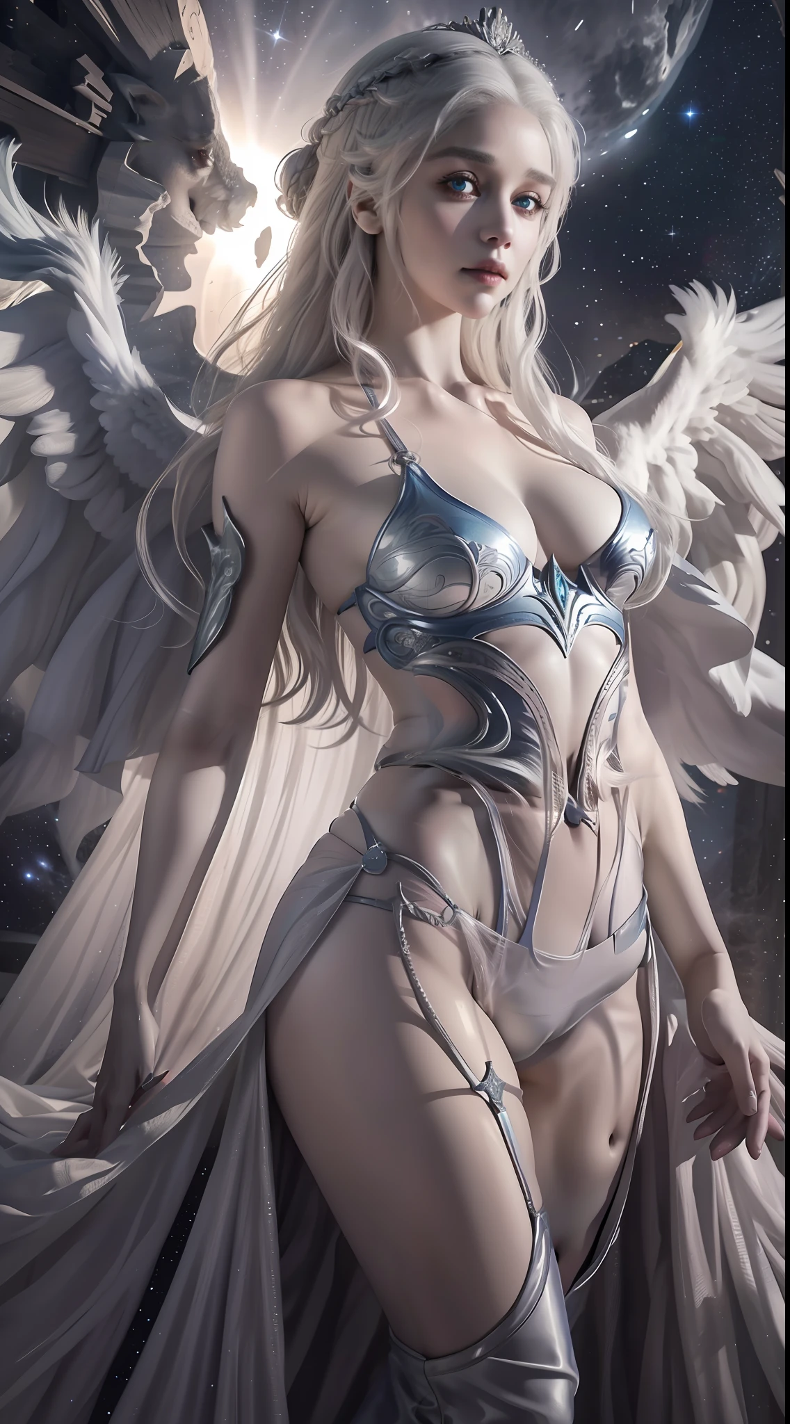 Game of Thrones heroine,Daenerys Targaryen,Realistic professional photos with super detail
Full lens,full bodyesbian,Straight lens,one-girl,Blue hair,eBlue eyes,long whitr hair,big round breasts,afloat,posing on a,power pose,The halo,Angel wings,Arrogant eyes,Looking into the distance,
Stand in the starry sky,The attention to detail,The background is a comet and a nebula,Light streaks,cinmatic lighting,Side lighting,Dark and detailed galactic background
8K, 4K, (k hd: 1.1), best qualtiy (tmasterpiece: 1.3)