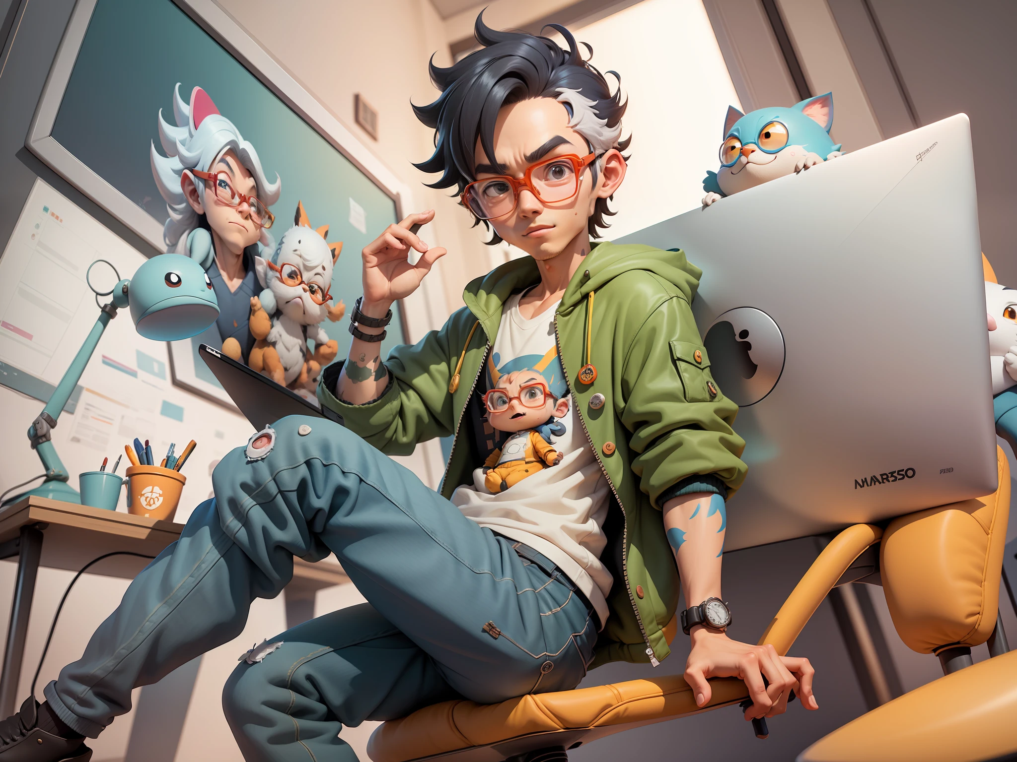 A young man with glasses sits at his desk,holding laptop,digitial painting,3D character design by Mark Clairen and Pixar and Hayao Miyazaki and Akira Toriyama,4K HD illustration,Very detailed facial features and cartoon-style visuals。