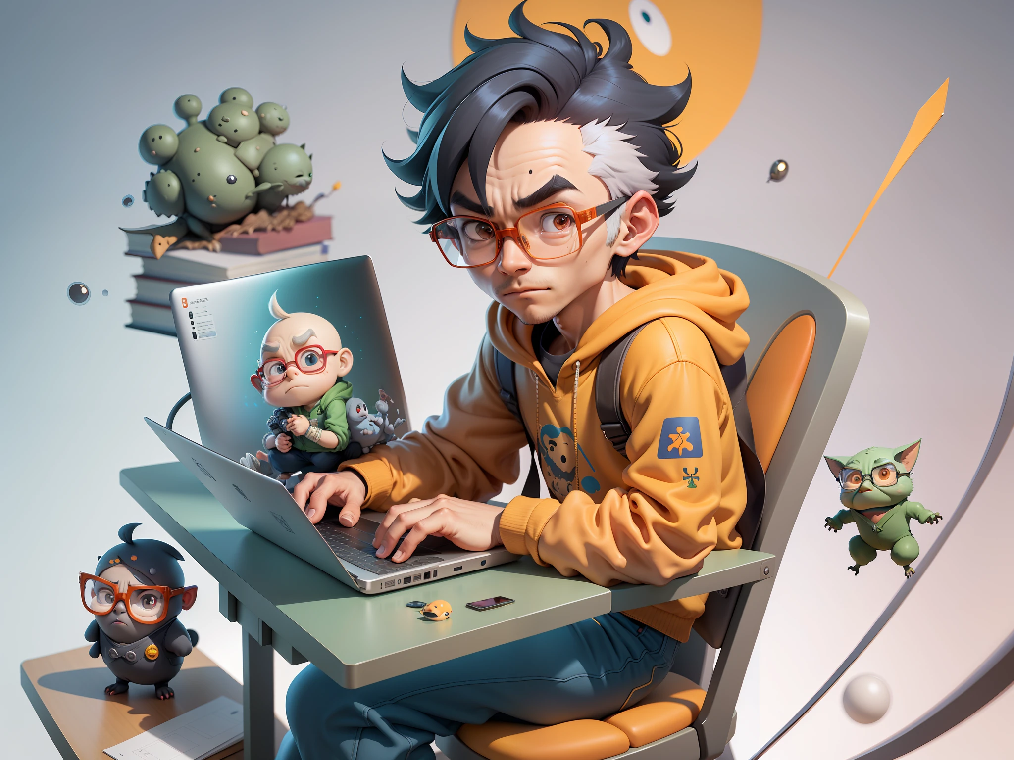 A young man with glasses sits at his desk,holding laptop,digitial painting,3D character design by Mark Clairen and Pixar and Hayao Miyazaki and Akira Toriyama,4K HD illustration,Very detailed facial features and cartoon-style visuals。