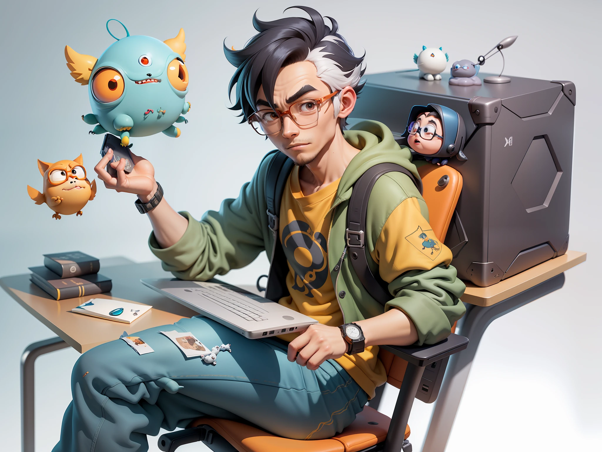 A young man with glasses sits at his desk,holding laptop,digitial painting,3D character design by Mark Clairen and Pixar and Hayao Miyazaki and Akira Toriyama,4K HD illustration,Very detailed facial features and cartoon-style visuals。