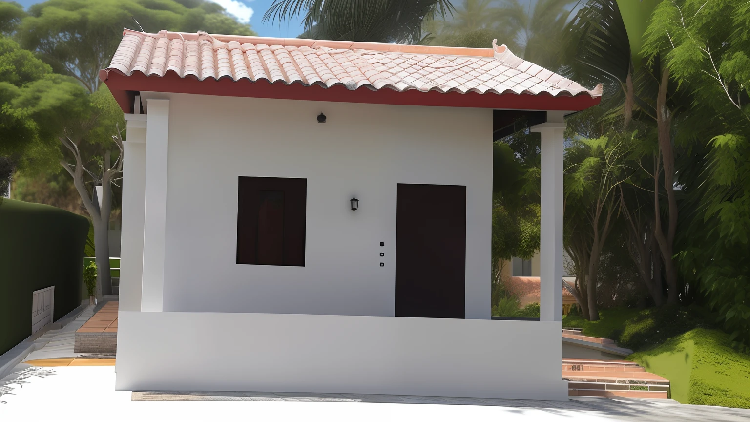 There is a small white building with a red roof and a red tile roof, Lumion Pro rendering, Directed by: CeFerí Olivé, Frente, Vista frontal, vista frontal, casa completa, visto de fora, imagem frontal, vista lateral frontal, vista externa, imagem central, Front view, Vista lateral superior frontal, Frente cheia, vista exterior, Vista frontal e lateral, Vista frontal, visto de lado,