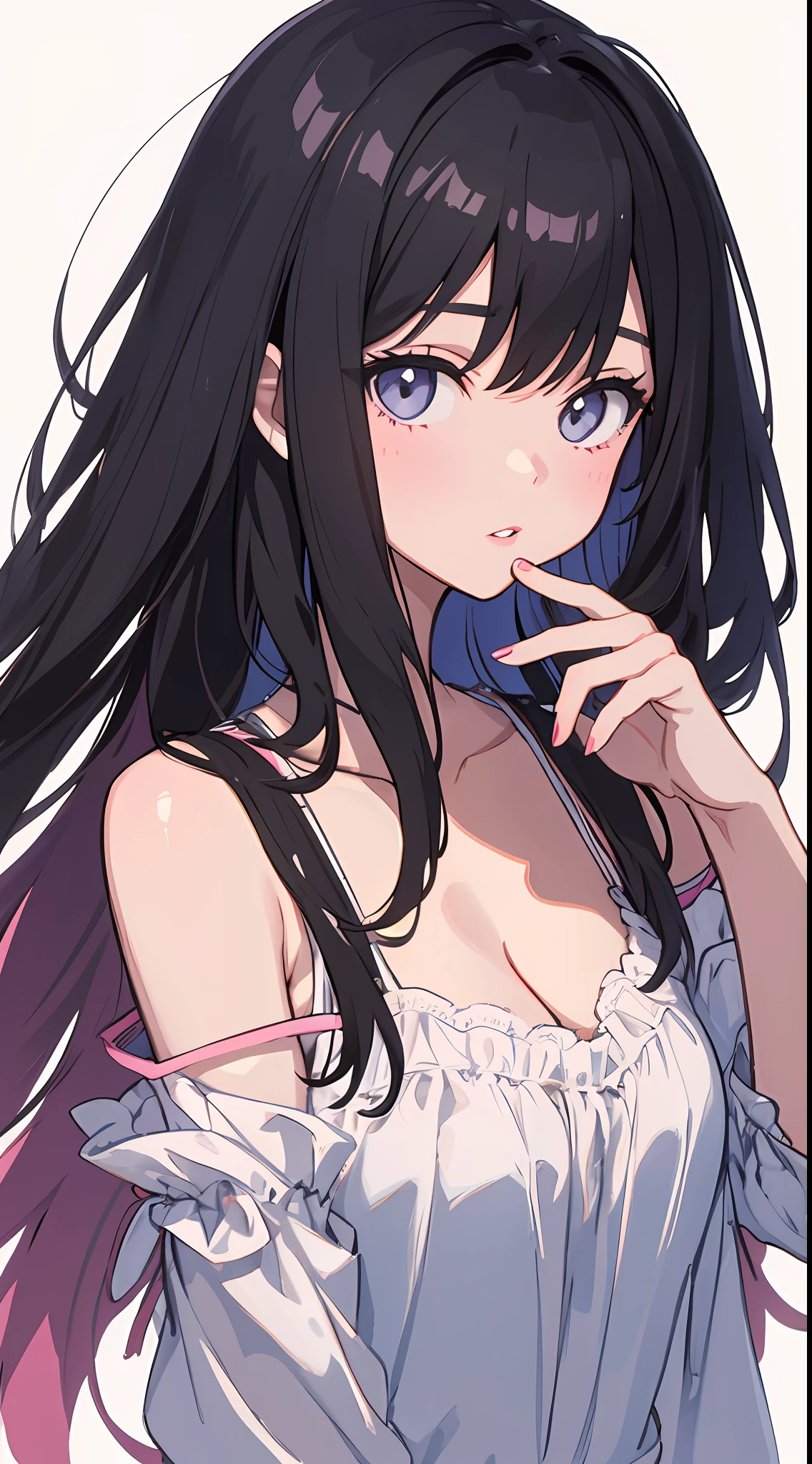 a lovely kid giredish pink lips,Wearing a bright white shirt,Pastel palette aurora punk style,Anime illustration of her face,Animated GIFs,hand-drawn animation,Captivating sketch,Smooth and shiny,Hazy romanticism,Super Flat Style,White background -- ar 1:1--niji 5--style expressive--s 50,cleavage,Large breasts,The shoulder straps slip off