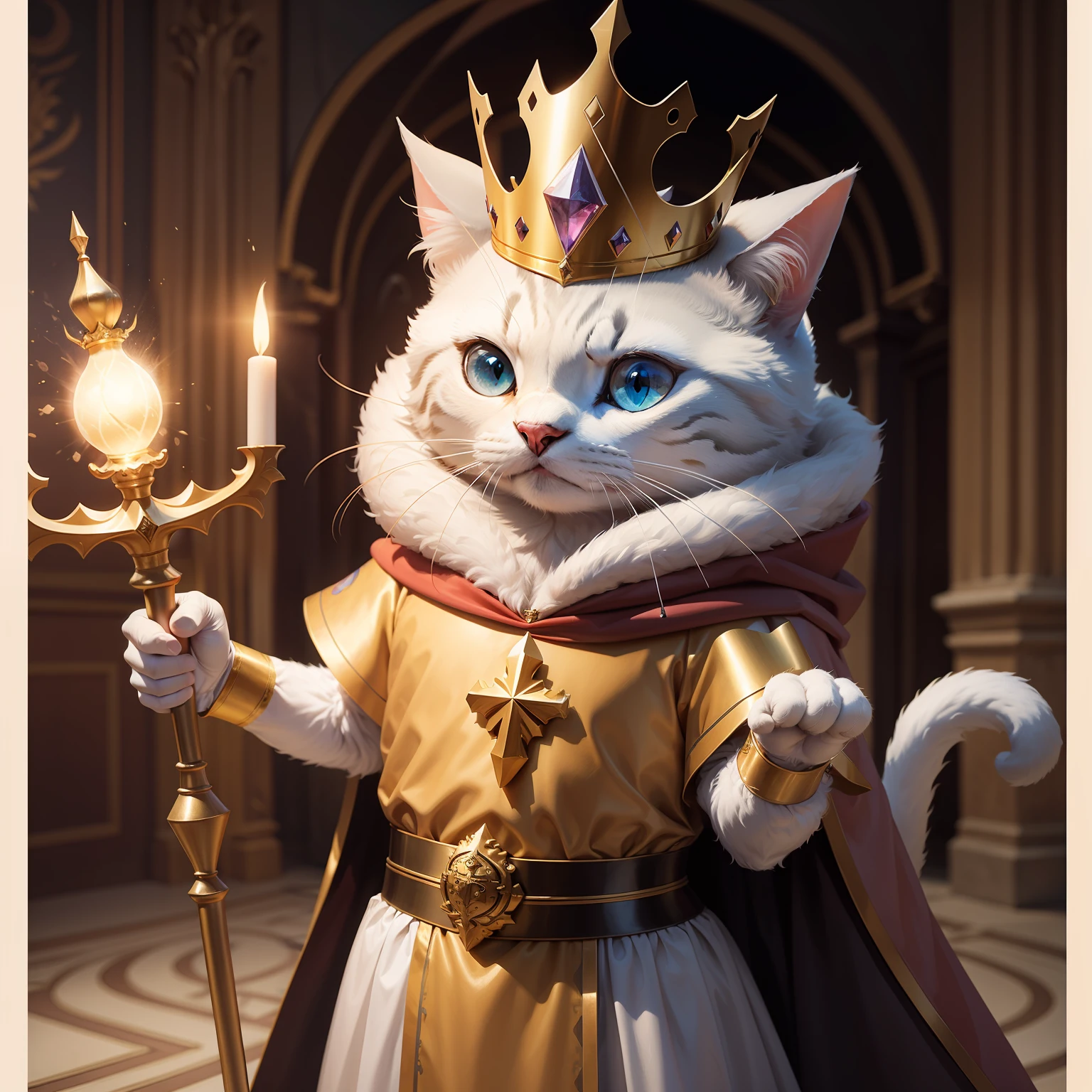 c4tt4stic,One wears a crown and holds a scepter,Cartoon cat in papal costume